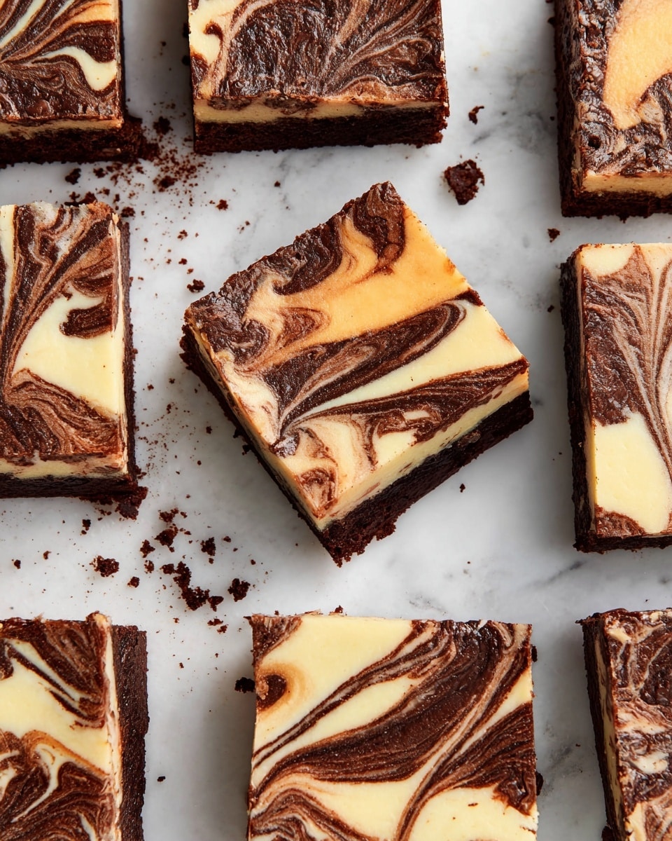 This image shows multiple square brownie pieces with a creamy swirl layer on top. Each piece has two visible layers: a dark brown chocolate base and a creamy light tan top layer that is swirled with chocolate, creating a marbled pattern. The brownies are laid out on a white marbled surface with some small chocolate crumbs around. The swirls on each piece are unique with smooth curves and waves of chocolate blending into the cream color, giving a rich and textured look. Photo taken with an iphone --ar 4:5 --v 7