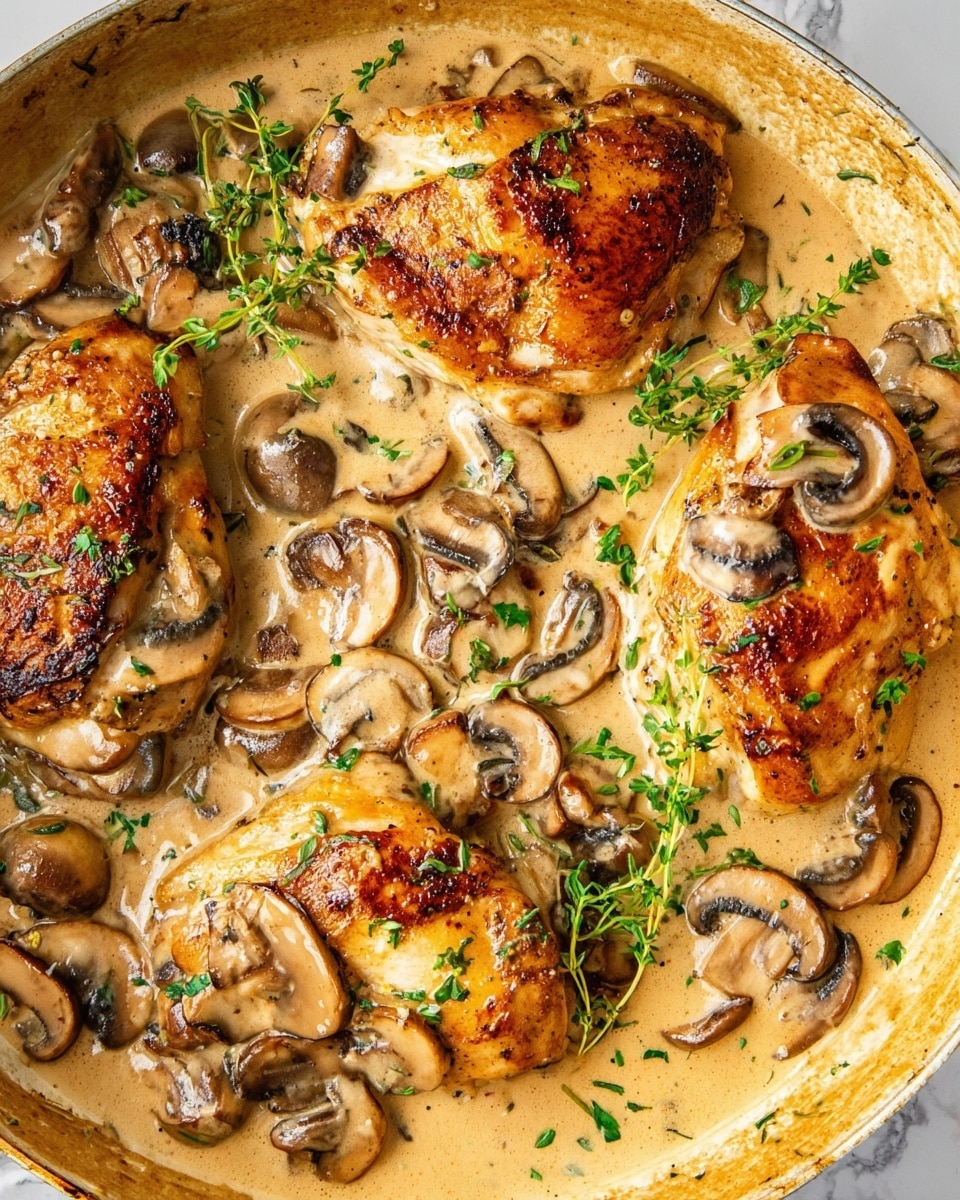 The image shows three golden brown chicken pieces in a creamy light brown sauce, with many slices of cooked mushrooms scattered on top and around them. Sprigs of fresh green herbs and small chopped herbs are sprinkled throughout the dish. The sauce looks smooth and thick, covering most of the chicken and pooling around the edges. The chicken has a slightly charred, well-cooked texture with seared lines. The whole dish is in a pan, and the background is a white marbled texture. photo taken with an iphone --ar 4:5 --v 7