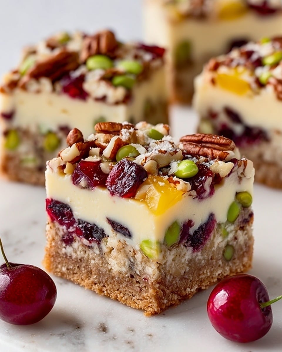 The image shows three square dessert bars on a white marbled surface, each with three clear layers. The bottom layer is a thick, dense, light brown crust. The middle layer is creamy pale yellow, smooth with small pieces of fruit. The top layer is a mix of crunchy nuts, including pecans, and bright red cherries, along with some green seeds or edamame, adding texture and color. Two whole cherries with stems lie near the bars on the surface. Photo taken with an iphone --ar 4:5 --v 7