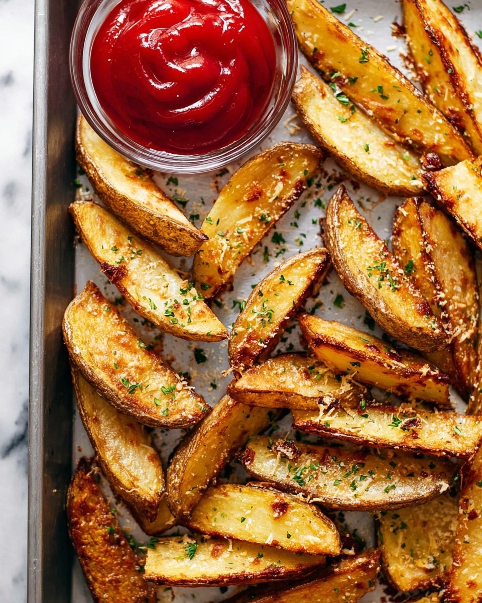 The image shows a metal tray filled with golden brown potato wedges placed in a scattered way. Each wedge has a crispy edge with some specks of herbs and grated cheese on top, giving a textured look. In the top left corner of the tray, there is a small clear glass bowl filled with bright red ketchup, smooth in texture. The background is a white marbled surface. Photo taken with an iphone --ar 4:5 --v 7