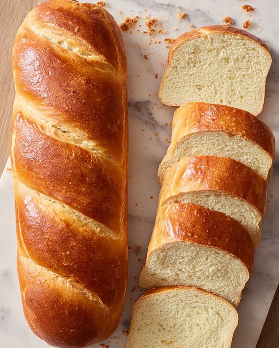 The image shows two long loaves of bread on a white marbled surface. One loaf is whole with a golden brown crust that shines slightly, featuring five diagonal cuts on top. The other loaf is sliced into thick pieces, revealing a soft, light beige inside with a slightly fluffy texture, while the crust matches the glossy golden brown of the whole loaf. Bread crumbs are scattered around the slices on the surface. Photo taken with an iphone --ar 4:5 --v 7