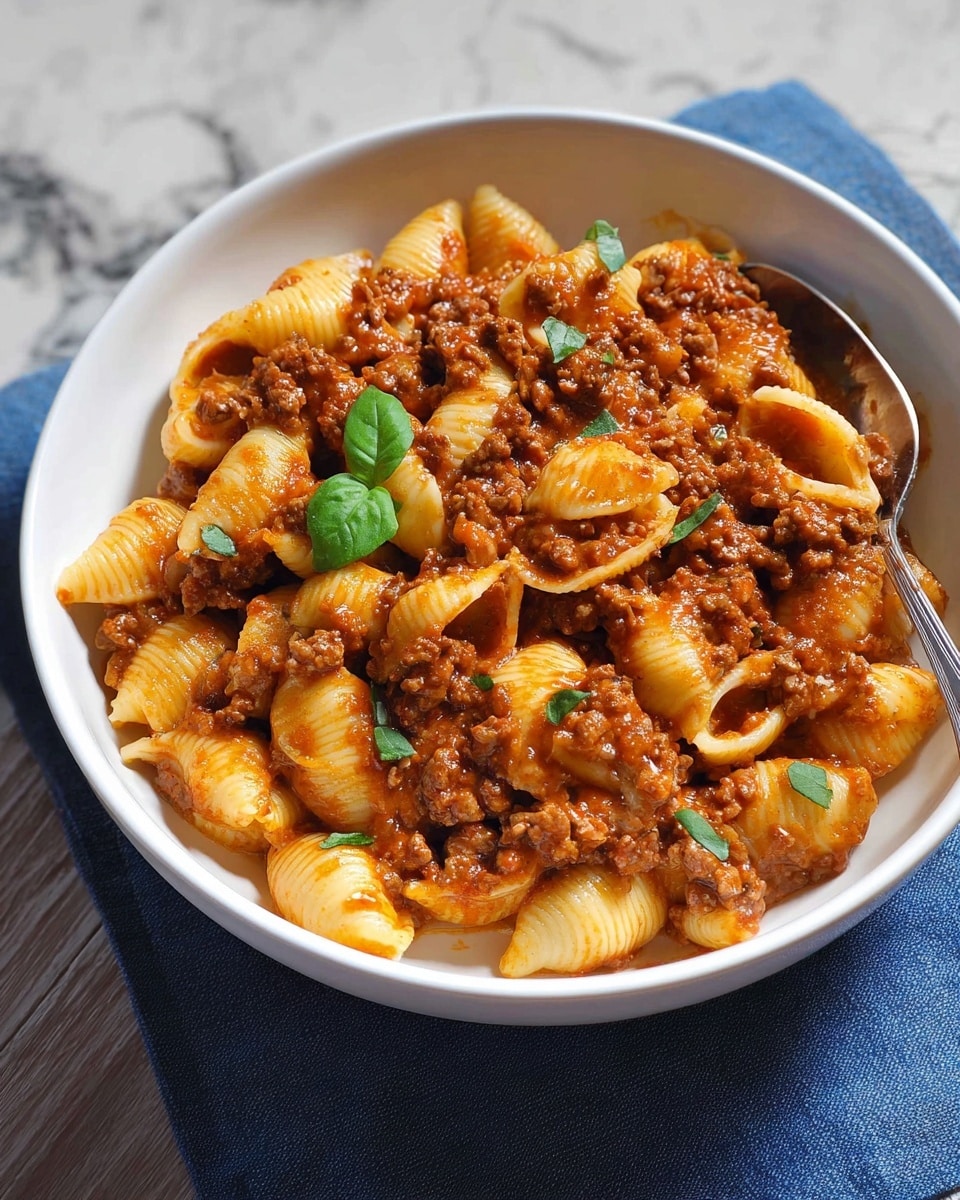 A white bowl filled with three layers of pasta shells covered in a thick, brownish-red meat sauce. The pasta is a warm yellow color and looks soft, while the meat sauce is chunky and mixed evenly throughout. Small green herb leaves are scattered on top for garnish, with one fresh green basil leaf placed near the center. A silver spoon is partially visible on the right side inside the bowl. The bowl sits on a blue cloth with a wooden background replaced by a white marbled texture. Photo taken with an iphone --ar 4:5 --v 7