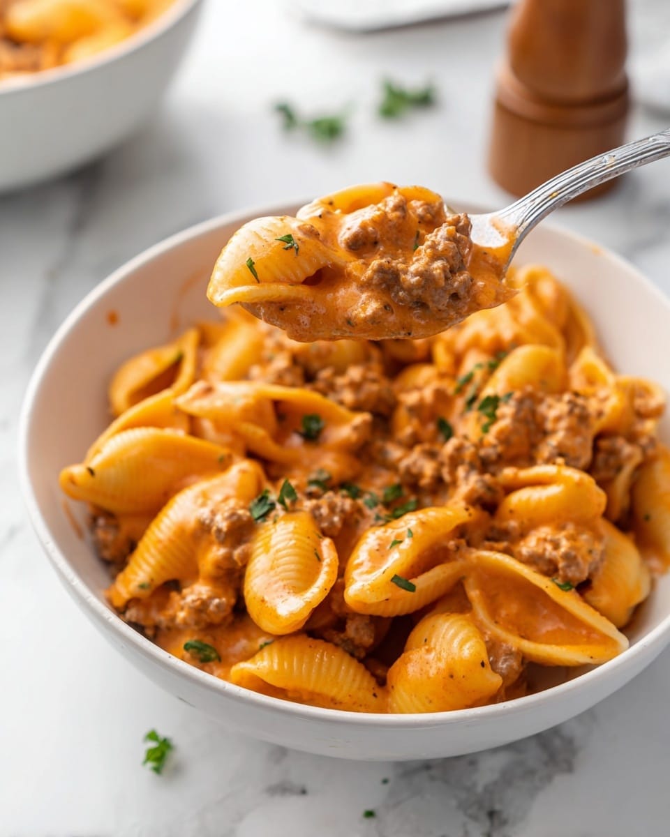 A white bowl filled with small shell pasta coated in a thick, creamy orange sauce mixed with small pieces of cooked ground meat. The pasta shells have a smooth texture with shiny sauce covering them. A silver spoon holds a close-up portion of the pasta and meat above the bowl, showing the rich and creamy texture clearly. There are small bits of green herb garnish on top and around the bowl, placed on a white marbled surface. In the background, a blurred pepper grinder and another white bowl with the same dish can be seen. Photo taken with an iphone --ar 4:5 --v 7