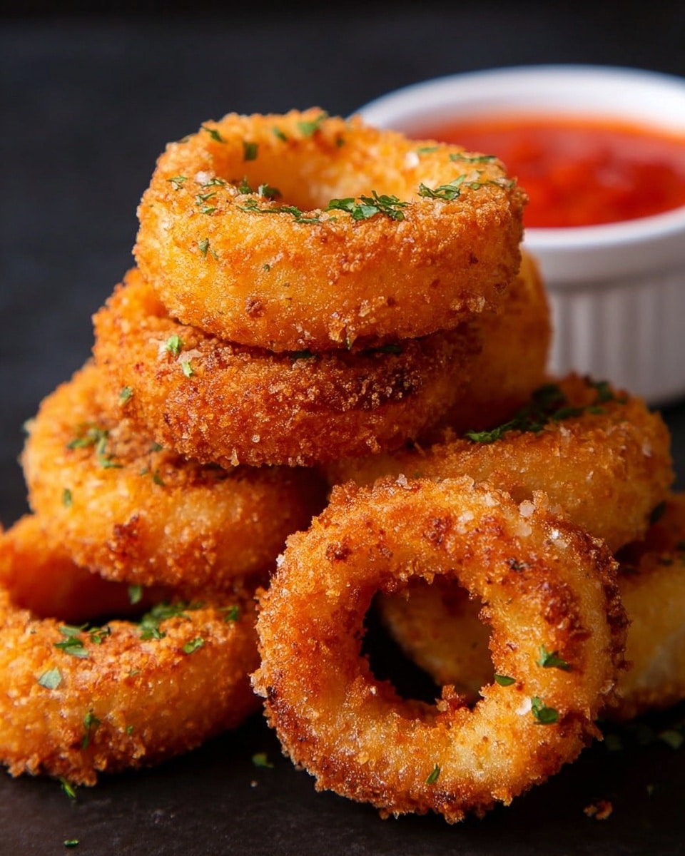 A stack of five golden brown fried onion rings with a crunchy textured coating is arranged in a small pile on a white marbled surface. Each ring is thick and round with a light sprinkling of green herbs on top for color contrast. Behind the rings, there is a white cup filled with bright red dipping sauce, slightly blurred to keep the focus on the onion rings. The onion rings show slight color differences with some parts more toasted and crisp. photo taken with an iphone --ar 4:5 --v 7