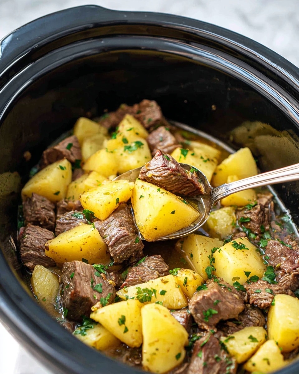The image shows a black slow cooker filled with cooked beef chunks and yellow potato pieces, mixed together and sprinkled with green chopped herbs. The beef looks brown and tender, while the potatoes have a soft texture with a light golden-yellow color. A silver spoon is inside the cooker, lifting some pieces up. The background has a white marbled texture. Photo taken with an iphone --ar 4:5 --v 7