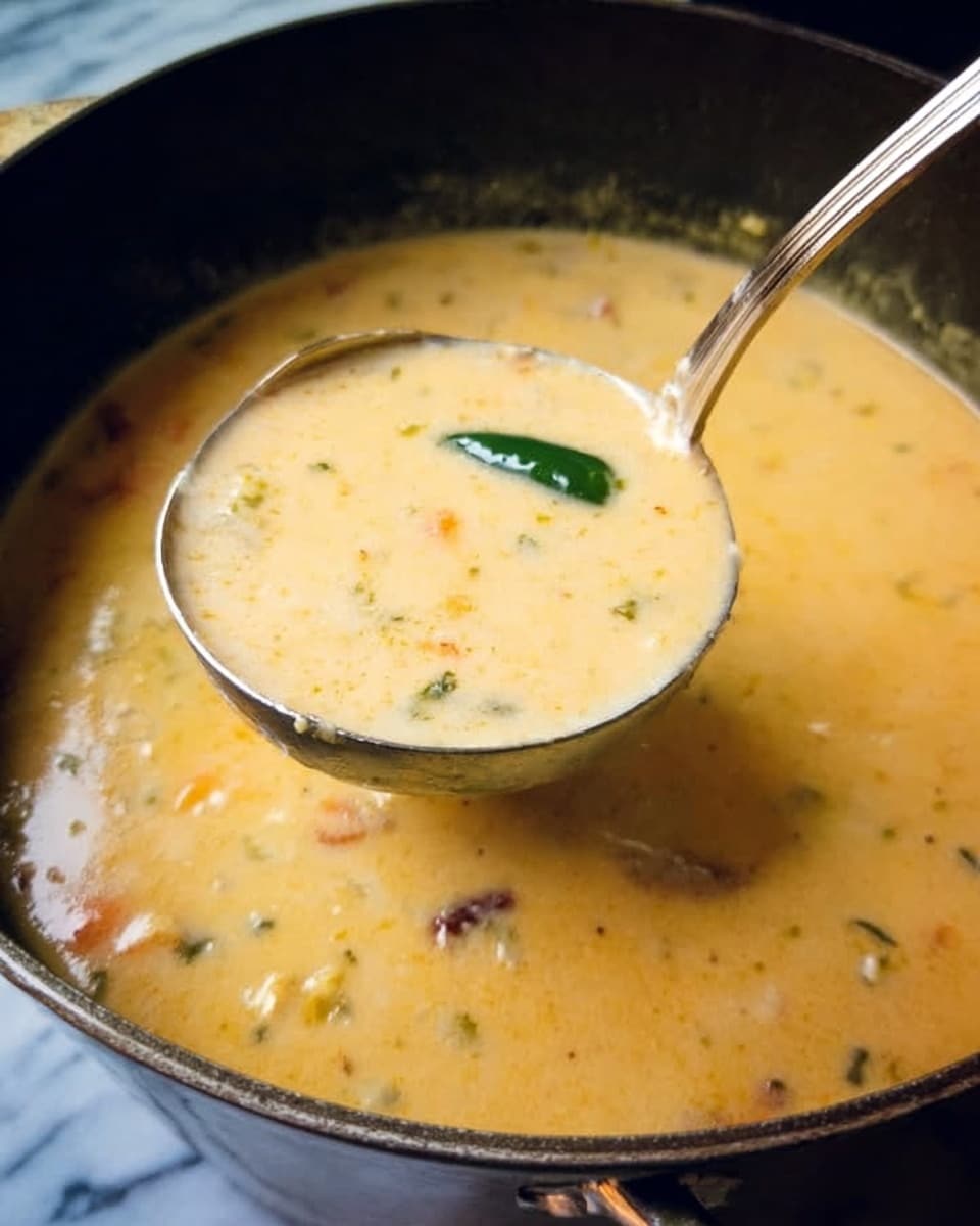 Spicy Jalapeño Popper Soup with Grilled Cheese Dippers Recipe 4 A large silver ladle is lifting a thick, creamy soup from a dark pot. The soup is light orange-yellow with small bits of green herbs, tiny pieces of vegetables, and some dark specks scattered throughout. A single green chili slice floats on the surface near the ladle. The background is a white marbled texture. photo taken with an iphone --ar 4:5 --v 7
