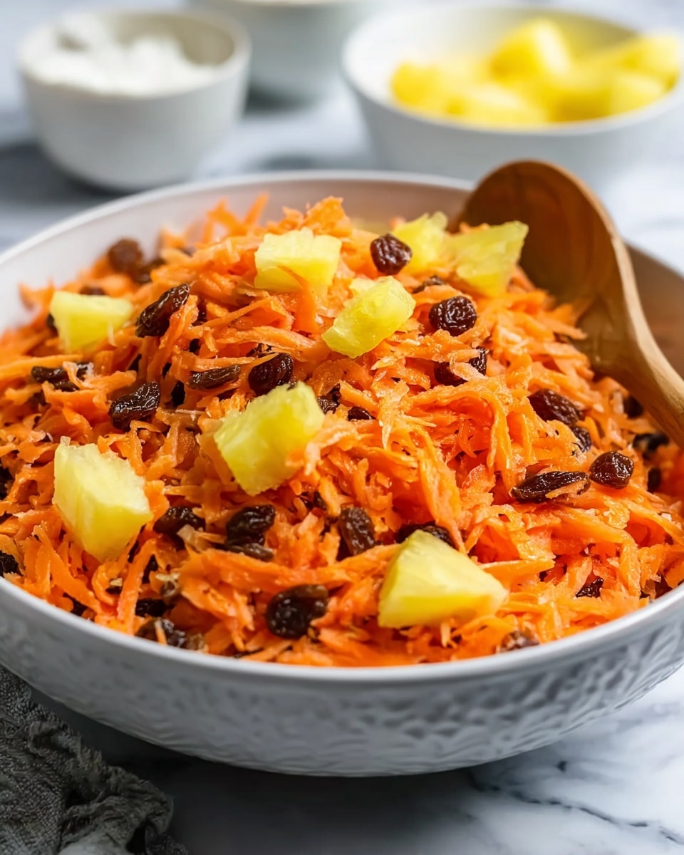 The image shows a white bowl filled with a colorful carrot salad. The salad has one main layer of bright orange shredded carrots. Mixed throughout are small dark brown raisins evenly spread in the salad. On top and scattered inside are chunks of bright yellow pineapple pieces adding contrast. A wooden spoon rests on the right side of the bowl, partially inside the salad. The bowl sits on a white marbled surface, with blurred white bowls visible in the background. Photo taken with an iphone --ar 4:5 --v 7