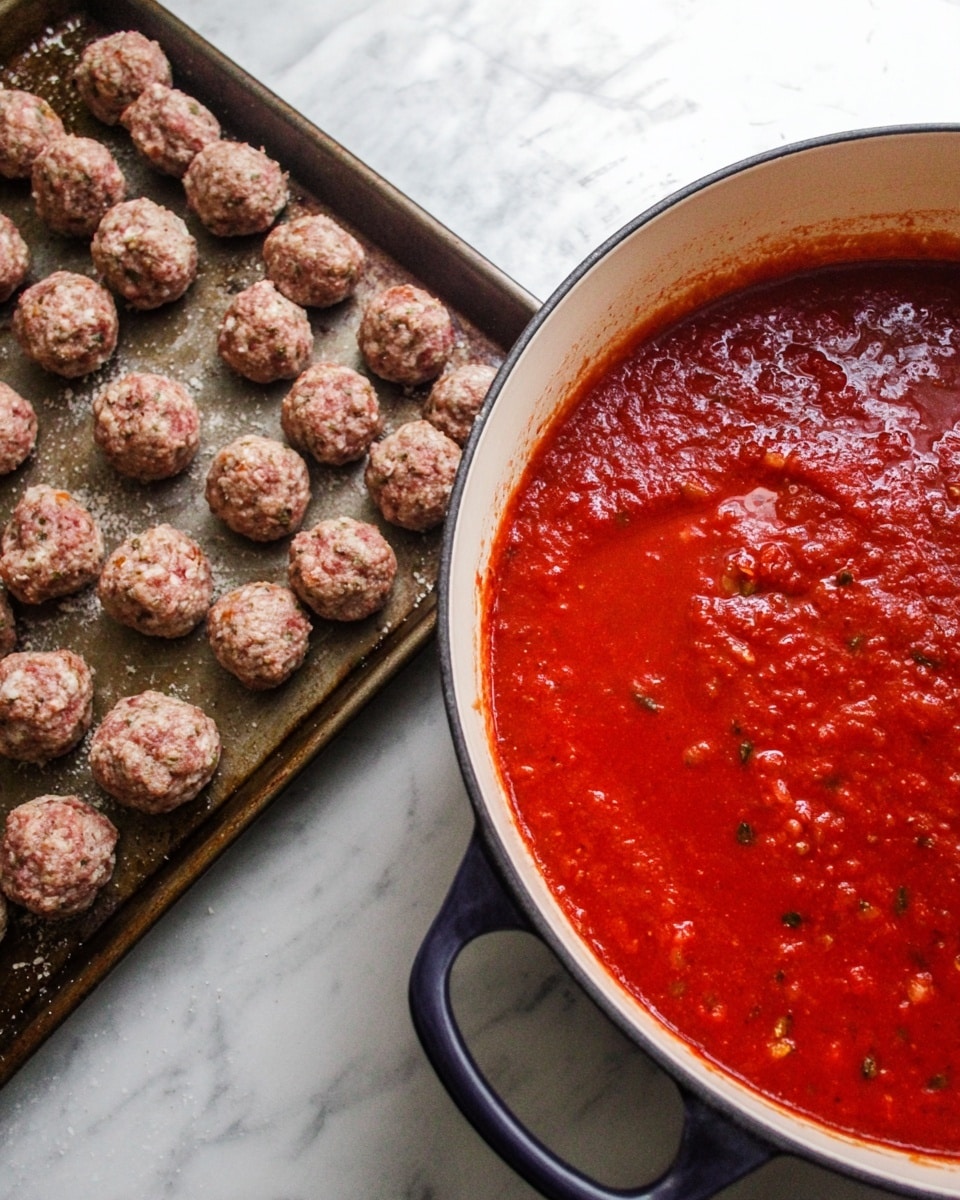 The image shows many raw meatballs formed into small round shapes, placed on a metal tray with a rough texture, positioned on the left side. On the right side, there is a large white pot filled with bright red tomato sauce that has herbs and small chunks of tomatoes visible, with some sauce splashed around the edge. The pot handle is dark blue and curved. The whole scene is set on a white marbled surface. photo taken with an iphone --ar 4:5 --v 7