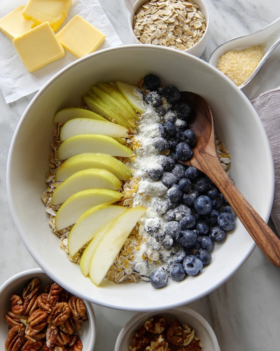 A large white bowl on a white marbled surface holds three layers of ingredients: the bottom layer has blue blueberries, the middle layer has white powder scattered over the blueberries, and the top layer shows thin slices of yellow-green pear arranged on one side. A wooden spoon rests inside the bowl near the edge. Around the main bowl, there are smaller white bowls containing rolled oats, chopped pecans, and brown sugar, along with some square slices of pale yellow butter on white paper. Photo taken with an iphone --ar 4:5 --v 7