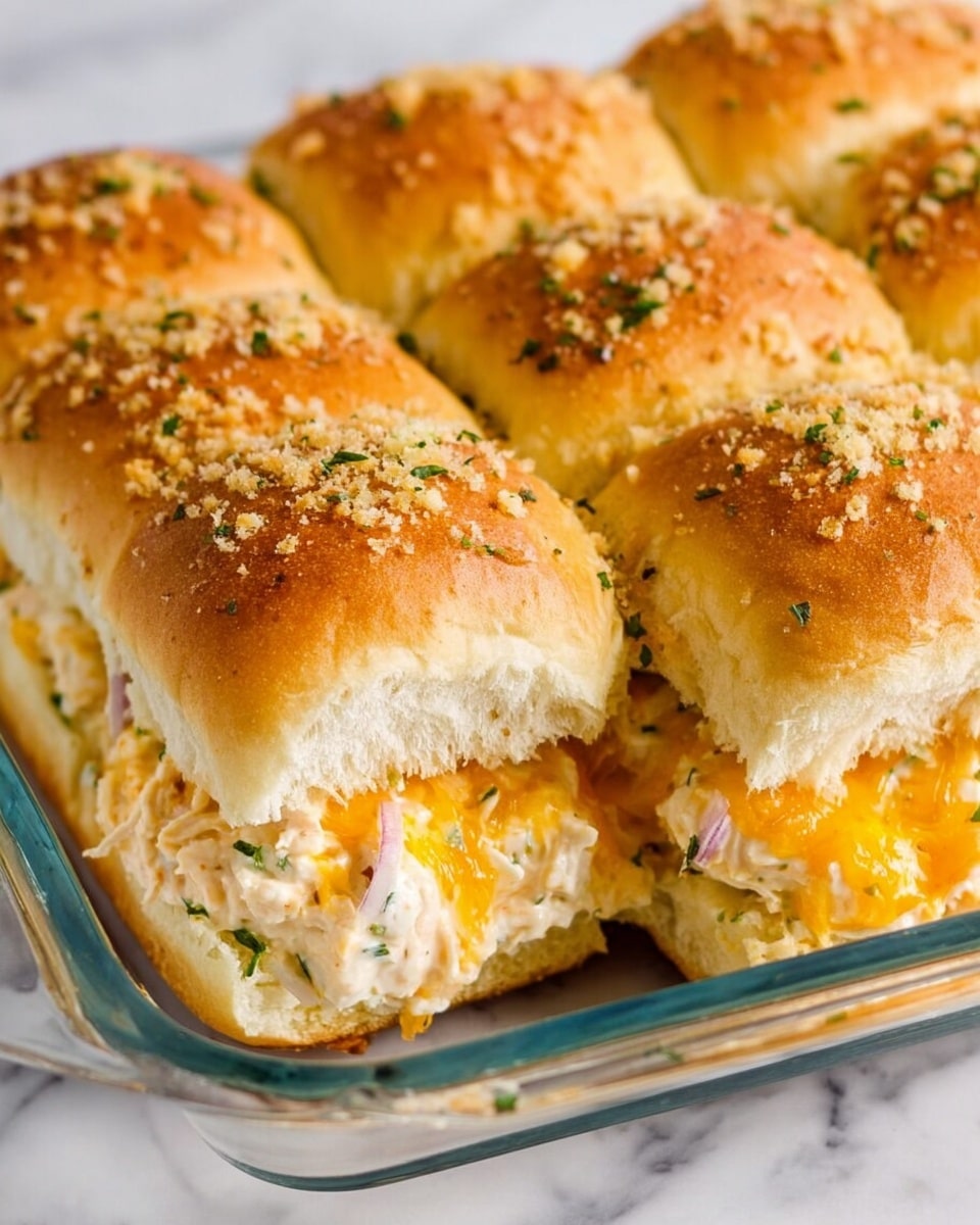 The image shows a close-up of six soft, golden brown sliders placed tightly together in a clear glass baking dish. Each slider bun is topped with a light sprinkling of crumbs and small green herb pieces. The sliders are filled with a creamy white chicken salad mixed with bits of herbs and red onion, layered with melted orange cheese that slightly drips over the sides. The background is a white marbled surface, giving a clean and bright look to the whole image. Photo taken with an iphone --ar 4:5 --v 7
