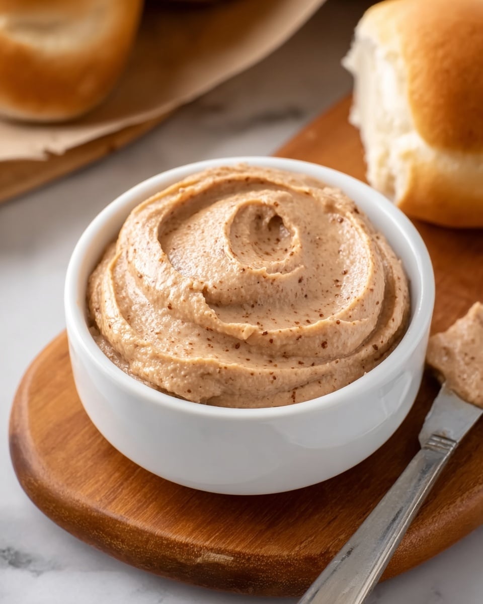 A small white bowl filled with smooth, light brown cinnamon spread with visible tiny cinnamon specks swirled on the top, placed on a wooden board with blurred pieces of bread rolls in the background and a metal spreader knife behind the bowl, all on a white marbled surface. photo taken with an iphone --ar 4:5 --v 7