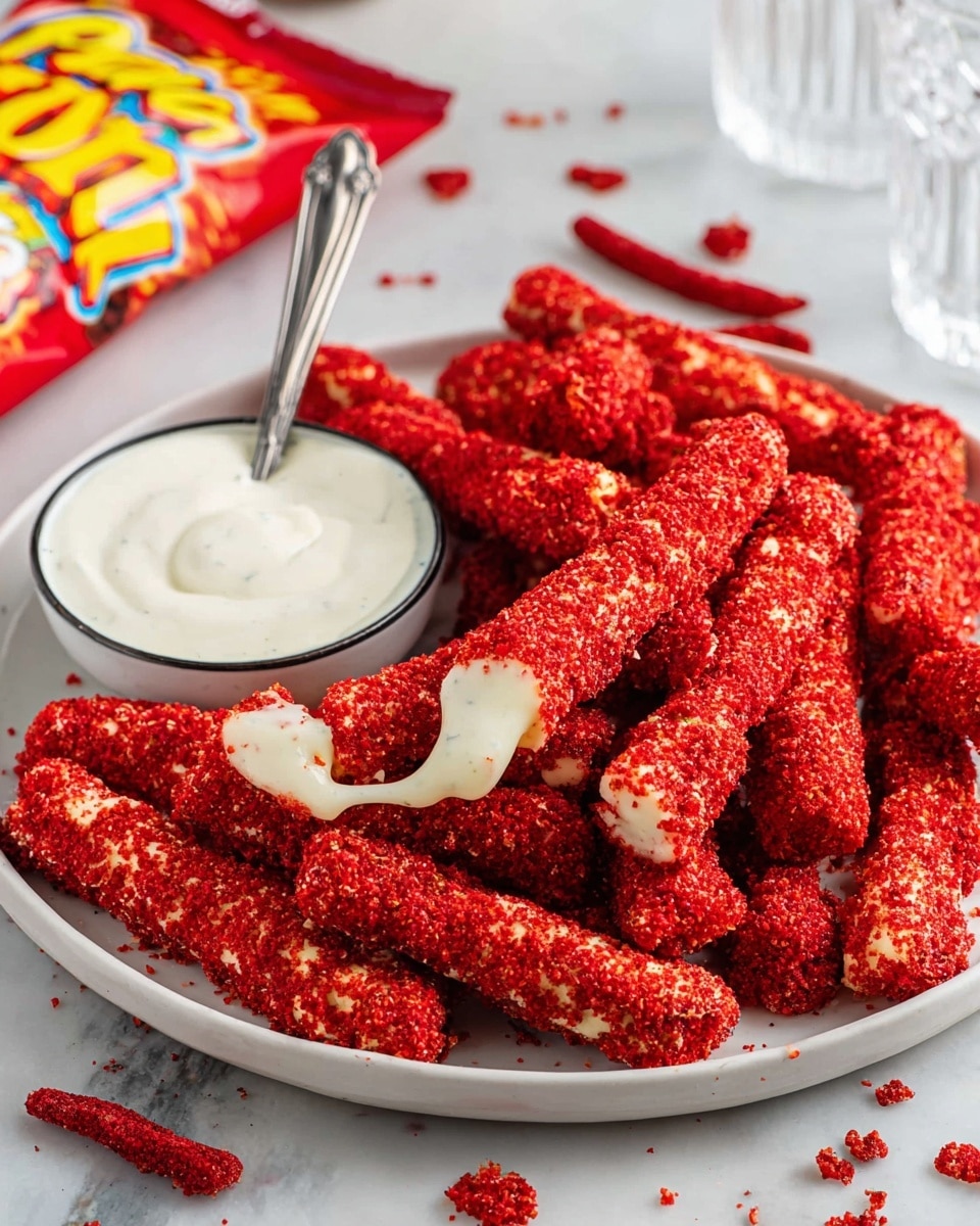 A silver plate holds five long, crunchy sticks covered in bright red crumbs. One stick is pulled apart in the middle, showing melted, stringy pale yellow cheese inside. The sticks have a rough, crumbly texture from the coating, and the plate sits on a smooth white marbled surface. The background is out of focus with warm brown and black tones. photo taken with an iphone --ar 4:5 --v 7