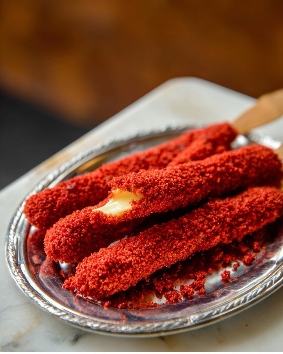 A white plate filled with about a dozen long, bright red sticks coated in a crumbly, crunchy texture, some with white melted cheese oozing out from the ends, stacked in a slight pile. On the left side of the plate sits a small round bowl filled with white ranch-like dipping sauce, with a small silver spoon resting inside it. The plate and bowl sit on a white marbled surface scattered with bits of red crunchy crumbs and a few red stick snacks around the plate. In the blurred background, there are two clear glasses and a colorful yellow and red snack bag. Photo taken with an iphone --ar 4:5 --v 7