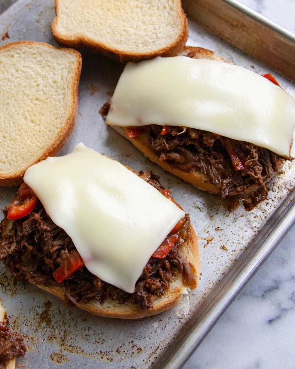 Two open sandwiches rest on a silver tray with some marks and stains, placed on a white marbled texture. Each sandwich has one slice of light brown bread at the bottom, holding a layer of dark brown shredded meat mixed with small pieces of red bell pepper. On top of the meat lies a smooth, creamy white slice of cheese, slightly curved to the shape of the meat beneath it. Another slice of the same light brown bread is placed next to each sandwich, ready to be closed. The overall scene captures the prepared sandwich layers clearly. photo taken with an iphone --ar 4:5 --v 7