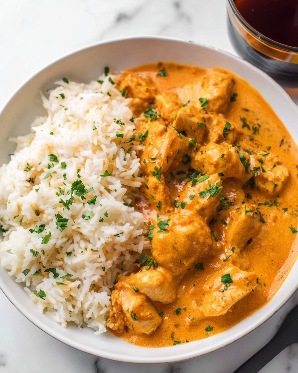 A white bowl on a white marbled background holds a dish with two main layers: on the left, a pile of fluffy, white basmati rice with visible long grains, sprinkled lightly with green herb pieces; on the right, a creamy orange curry sauce filled with medium-sized chunks of tender chicken, coated evenly and garnished with small bits of fresh green herbs. The sauce looks smooth and slightly thick, spreading gently under the chicken pieces. At the top right corner, part of a round bowl with dark brown liquid is visible. Photo taken with an iphone --ar 4:5 --v 7