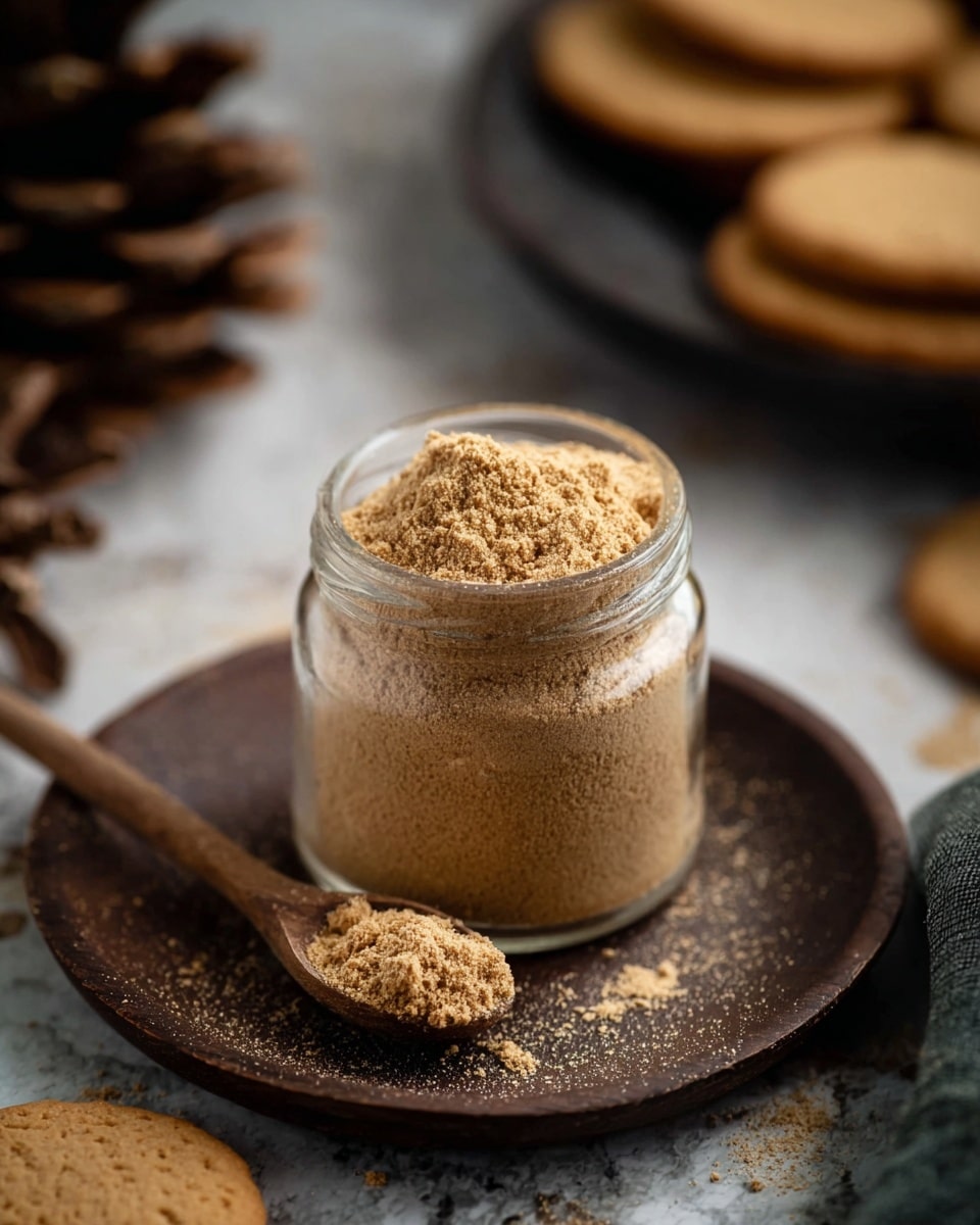 A black bowl filled with a light brown powder that looks soft and fine, with a wooden spoon resting inside and lightly pressing the powder down, small loose powder bits around the spoon showing texture; the bowl sits on a white marbled surface with a few round cookies in the background peeking into the frame, adding a warm hint of orange-brown tones, photo taken with an iphone --ar 4:5 --v 7