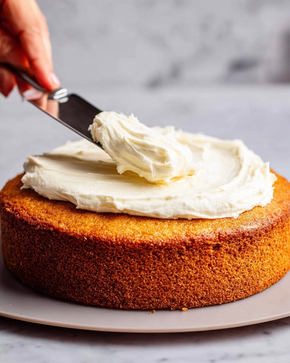 A single round layer of golden brown cake with a slightly rough texture sits centered on a flat surface. On top, a thick, creamy, white frosting is being spread smoothly with a silver spatula held by a woman's hand. The background features a white marbled texture. photo taken with an iphone --ar 4:5 --v 7