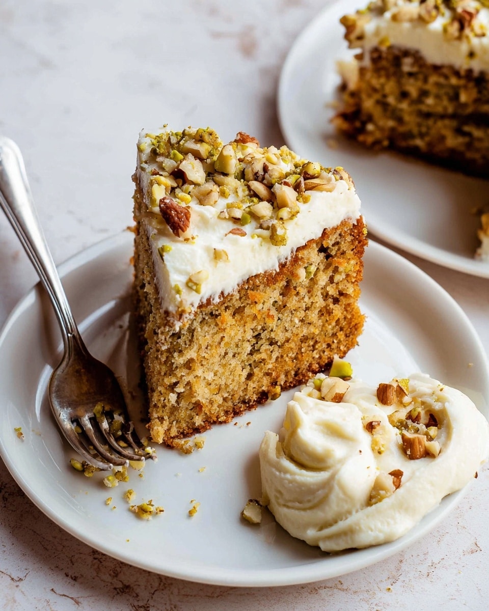 A close-up view of a single slice of moist nut cake with a rough texture and a golden brown color, topped with a thick creamy white frosting layer that is smooth and soft, sprinkled with chopped nuts adding a crunchy texture and brown-greenish specks; beside the slice on the white plate is a dollop of creamy white frosting with more chopped nuts scattered on it, and a piece of the cake with frosting held slightly by a silver fork; the background and surface have a white marbled texture. photo taken with an iphone --ar 4:5 --v 7