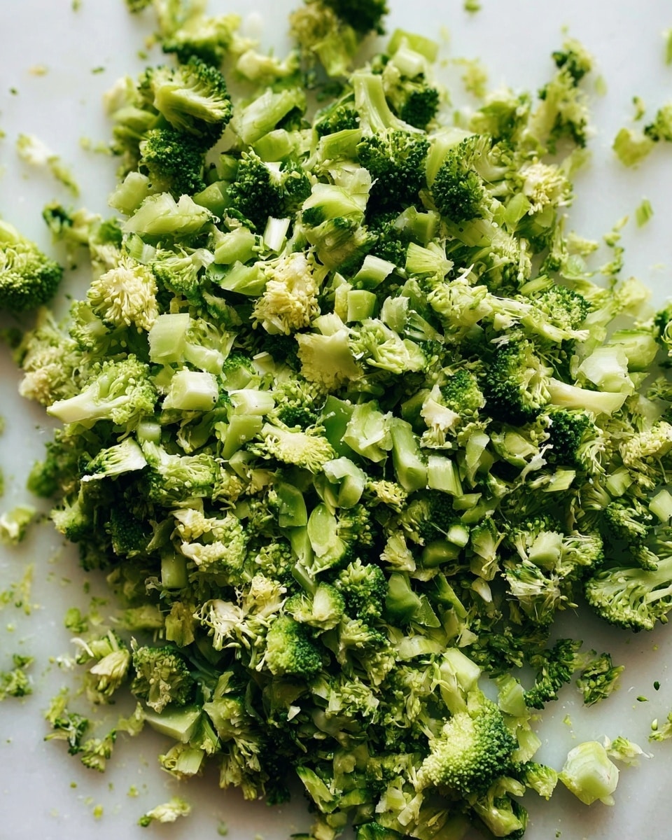 The image shows many small pieces of chopped broccoli scattered over a white marbled surface. The broccoli is fresh, with different shades of green, and the pieces vary in size and texture, including both the florets and some of the stems. The chopped broccoli covers most of the surface loosely, with some small bits spread out on the edges. photo taken with an iphone --ar 4:5 --v 7