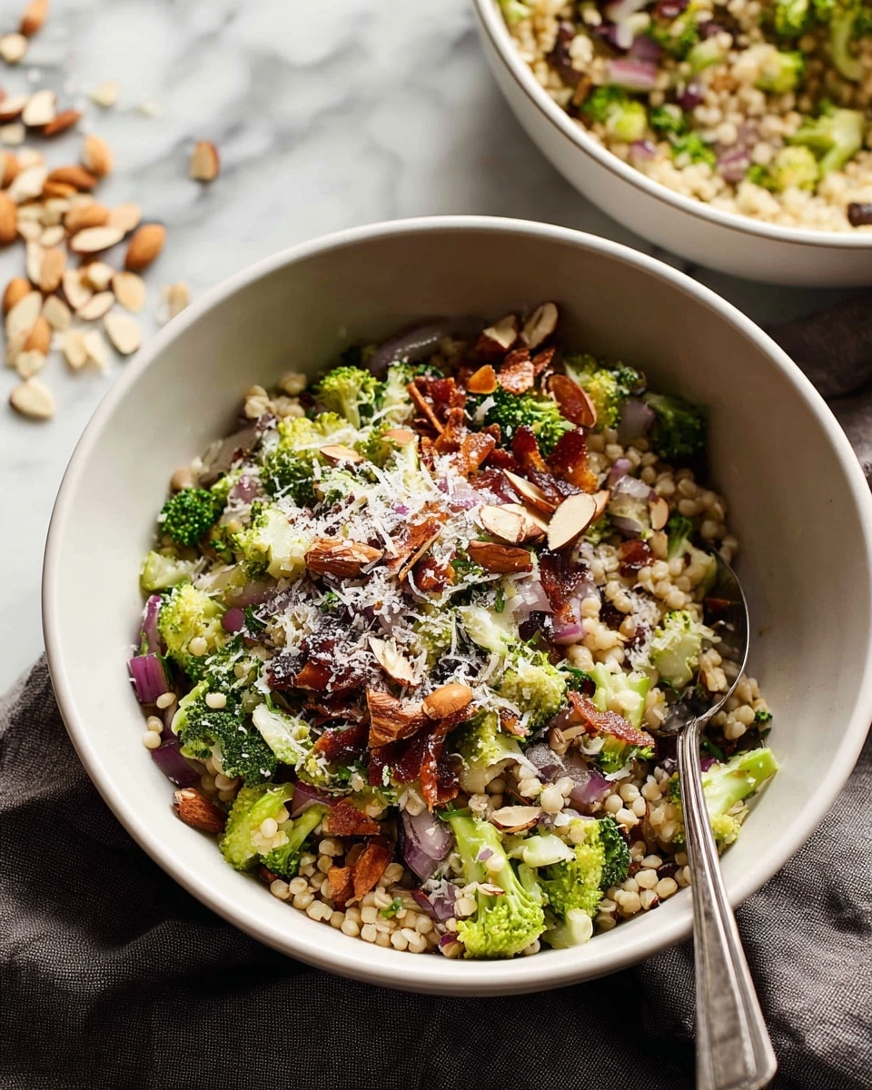 A white bowl filled with a mixed salad that has three visible layers: the bottom layer is a mix of small, round light beige grains, the middle layer includes chopped bright green broccoli florets and sliced red onions, and the top layer is sprinkled with small chunks of roasted almonds and pieces of crispy, thin reddish-brown strips, topped with a light dusting of grated white cheese. A silver spoon is placed inside the bowl on the right side. The bowl rests on a gray cloth on a white marbled surface. In the background, there is another white bowl with a similar salad and some scattered almond pieces. Photo taken with an iphone --ar 4:5 --v 7