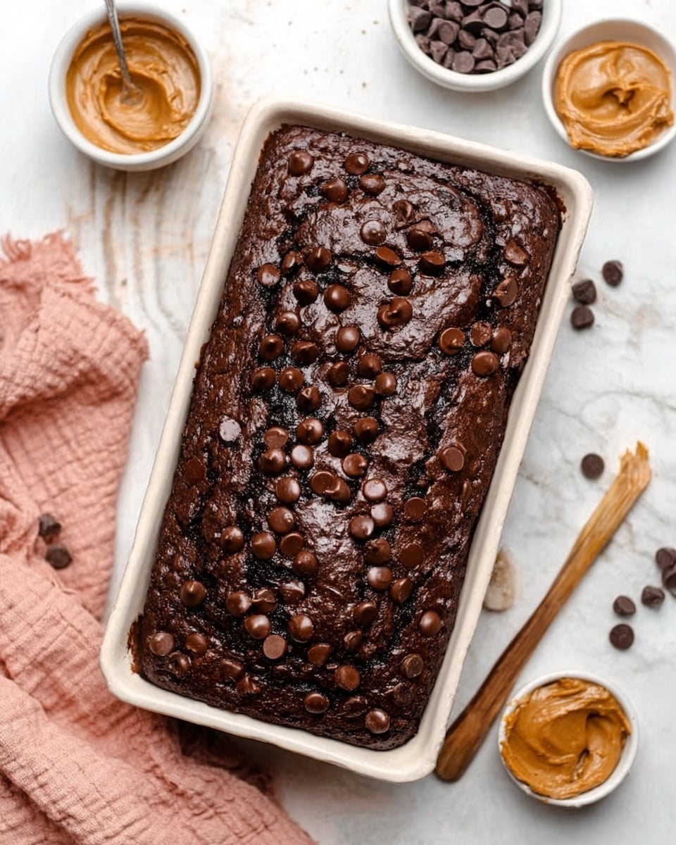 The image shows a rectangular dark chocolate brownie loaf in a white dish. The top layer is rich, dark brown with a slightly cracked texture, dotted generously with shiny chocolate chips that give it a textured and appealing look. Surrounding the dish are small white round bowls with peanut butter and other ingredients, all placed on a white marbled surface. The scene has a cozy, inviting feel with a soft pink cloth near the bottom corner. Photo taken with an iphone --ar 4:5 --v 7