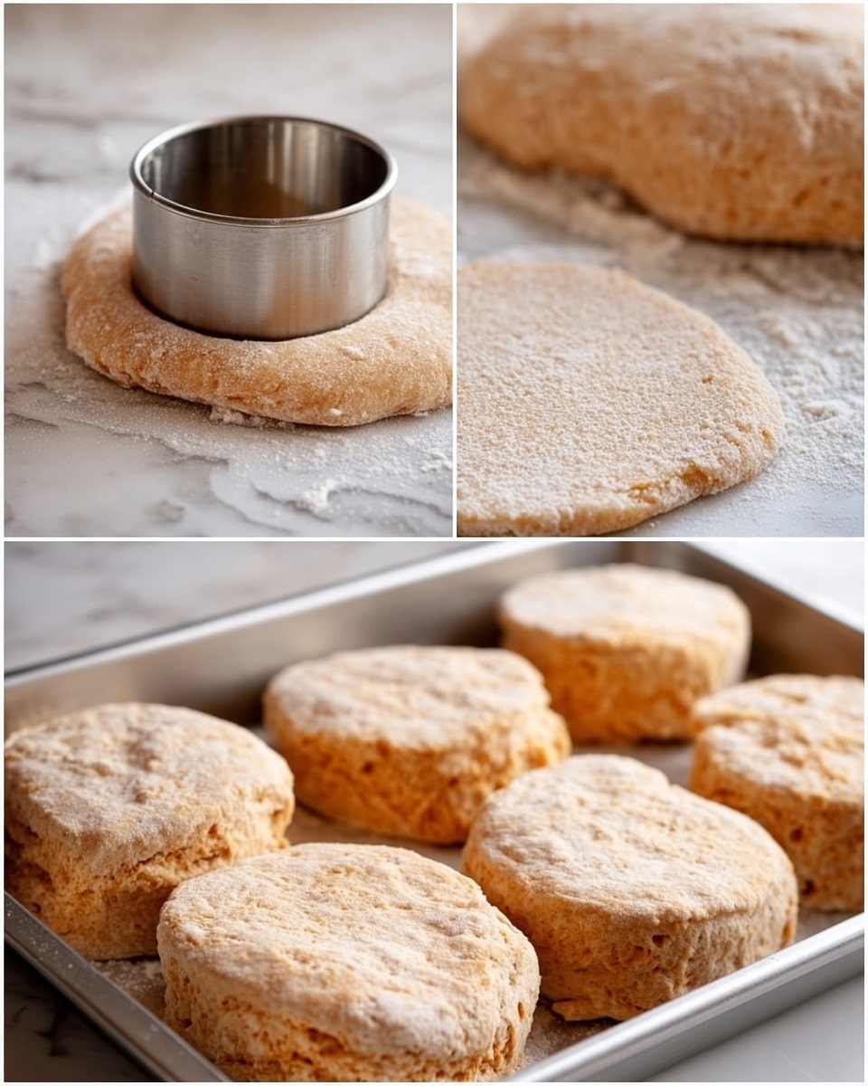 The image shows three parts: in the first, a silver round cutter presses into a lightly floured light brown dough on a white marbled surface; in the second part below, four round dough shapes are cut out, with the dough still resting on the white marbled surface; in the third part on the right, five light golden brown biscuit rounds with a soft texture stand side by side in a silver metal baking tray, showing their puffy and slightly crumbly edges, photo taken with an iphone --ar 4:5 --v 7