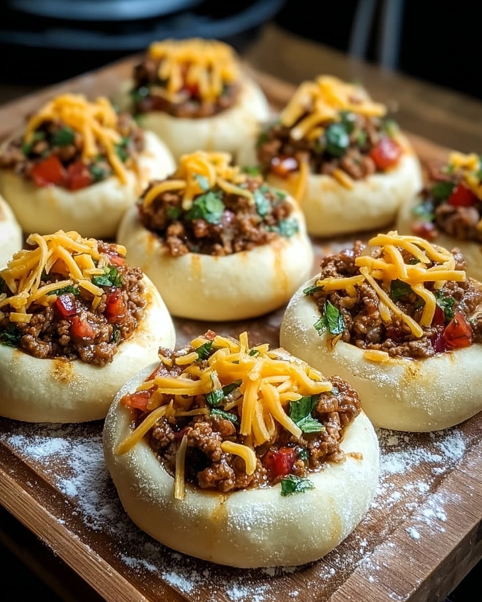 Nine round dough bowls sit closely on a wooden board dusted with white flour. Each dough bowl is a thick, pale yellow base with a hollowed out center filled with a crumbly mixture of cooked ground meat and small diced red pieces, likely tomato, along with bits of green herbs. On top of the meat and vegetables, bright orange shredded cheese is drizzled in a crisscross pattern, adding vibrant color. The background is blurred, highlighting the food in soft focus. photo taken with an iphone --ar 4:5 --v 7