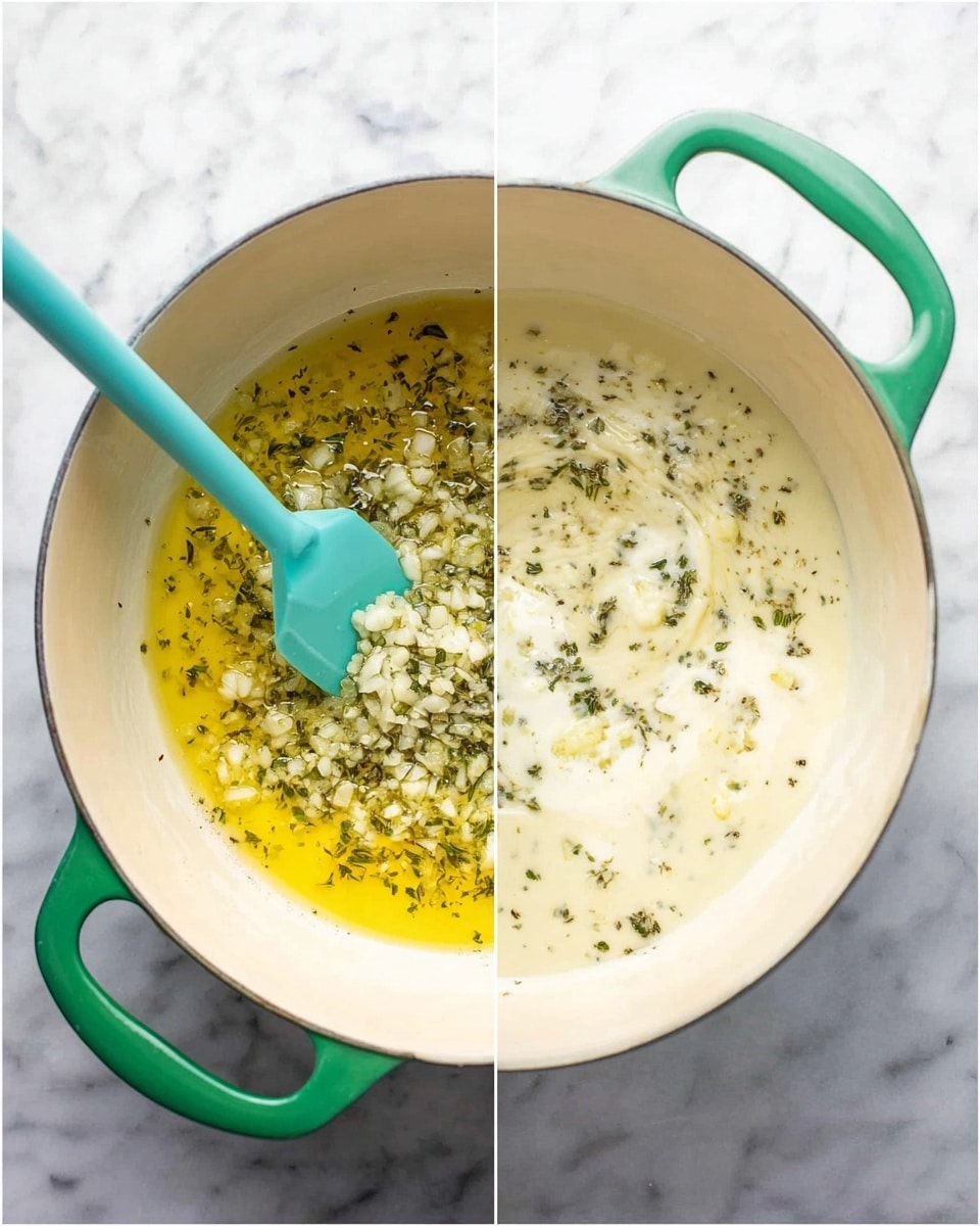 A large white pot with green handles sits on a white marbled surface. Inside the pot, chopped garlic and small green herb pieces are sizzling in melted butter, creating a yellowish base with scattered green bits. A turquoise silicone spatula stirs the mixture. In the next image, a clear bowl is pouring white cream into the pot, mixing with the yellow butter and herbs, creating a creamy pale yellow sauce with green herb spots floating on top. The pot's inside remains pale cream-colored photo taken with an iphone --ar 4:5 --v 7