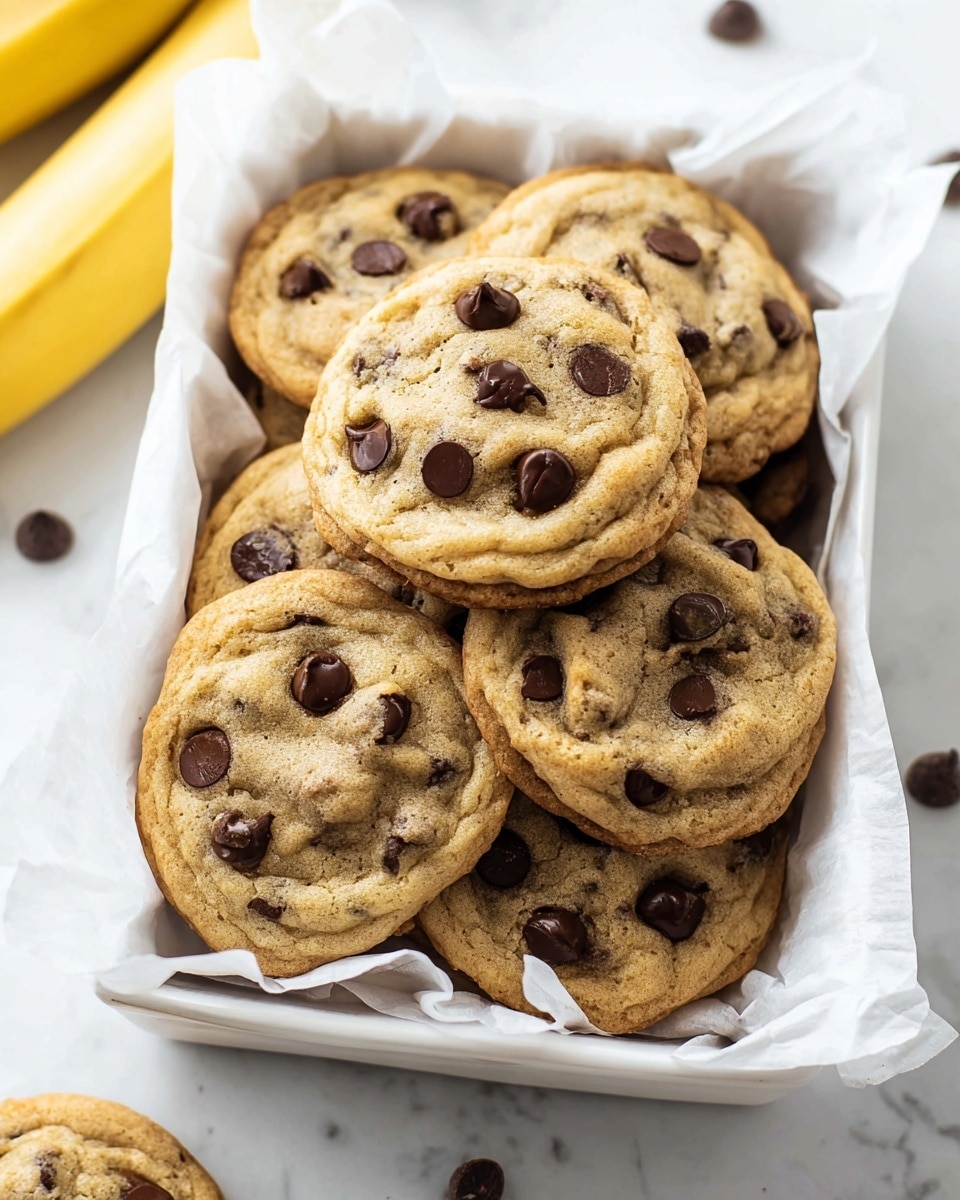 A white rectangular dish lined with white parchment paper holds a stack of golden brown chocolate chip cookies. There are about eight cookies, layered unevenly, showing soft, slightly textured surfaces dotted generously with dark chocolate chips. The edges of the cookies are slightly darker and crispier, while the centers appear softer. The dish is set on a white marbled surface with some scattered chocolate chips and a partial view of a ripe banana on the left side. The photo taken with an iphone --ar 4:5 --v 7