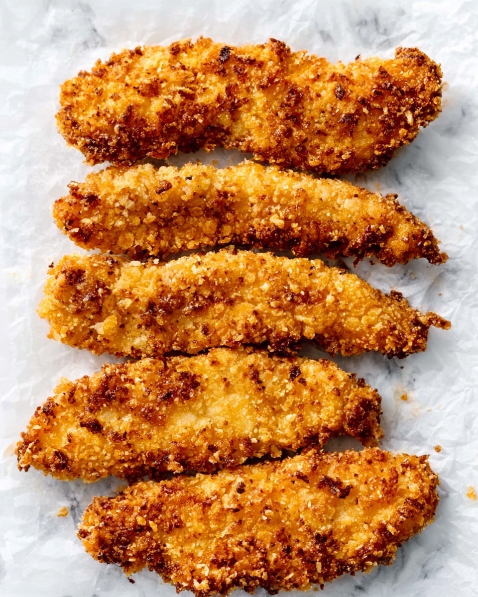 The image shows five pieces of golden brown breaded chicken tenders placed in a single row on white parchment paper. Each piece has a crunchy texture with visible crispy coating, unevenly browned in shades of light to darker gold. The chicken strips are slightly curved and evenly spaced against a white marbled surface. photo taken with an iphone --ar 4:5 --v 7