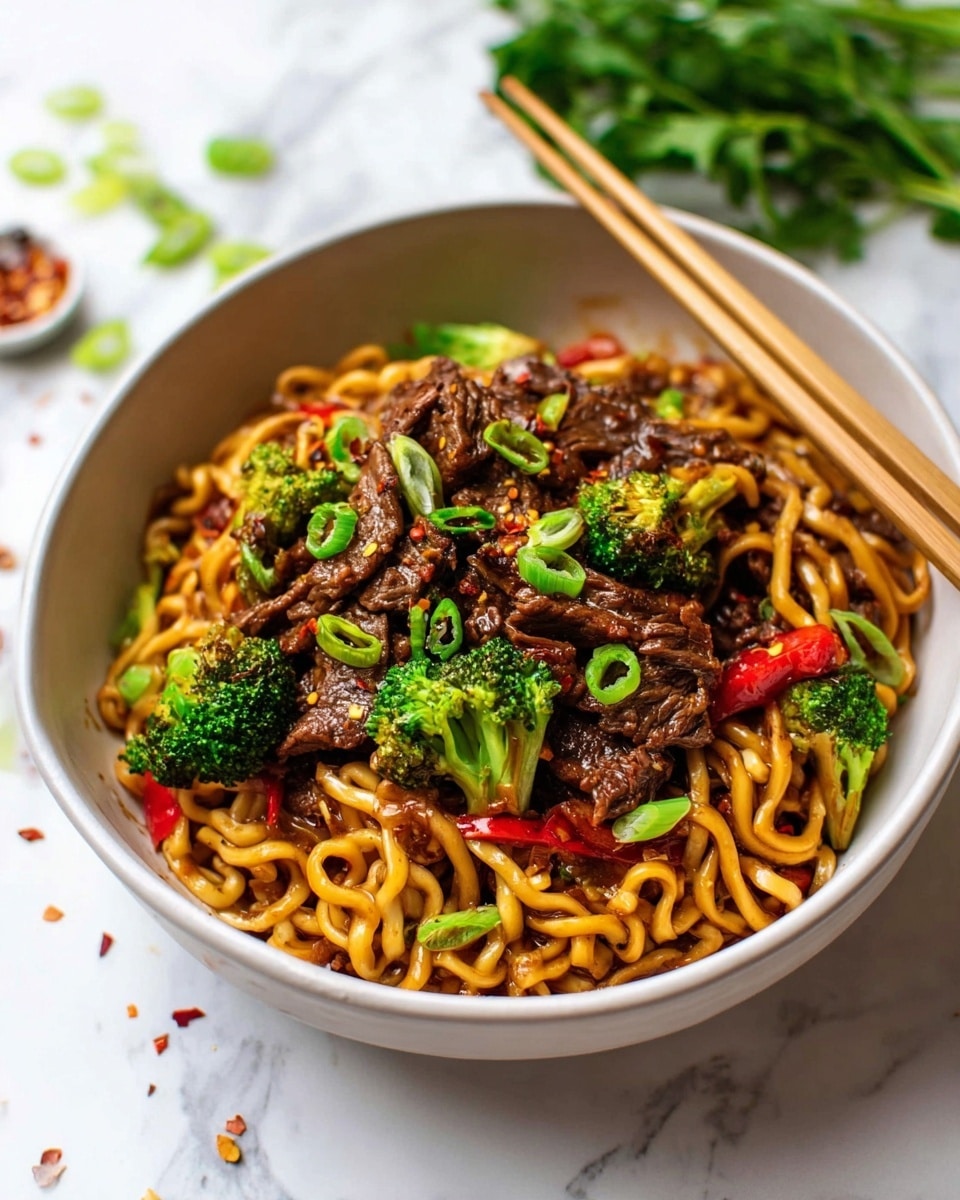 A white bowl filled with three layers: at the bottom are thick, yellowish-brown noodles, on top of the noodles are dark brown strips of cooked beef mixed with small pieces of red bell pepper and bright green broccoli florets, and scattered green onion slices are placed on the beef layer. The bowl sits on a white marbled surface with some green onion slices and red chili flakes scattered around. A pair of light wooden chopsticks rest on the rim of the bowl, and fresh green herbs are blurred in the background. photo taken with an iphone --ar 4:5 --v 7