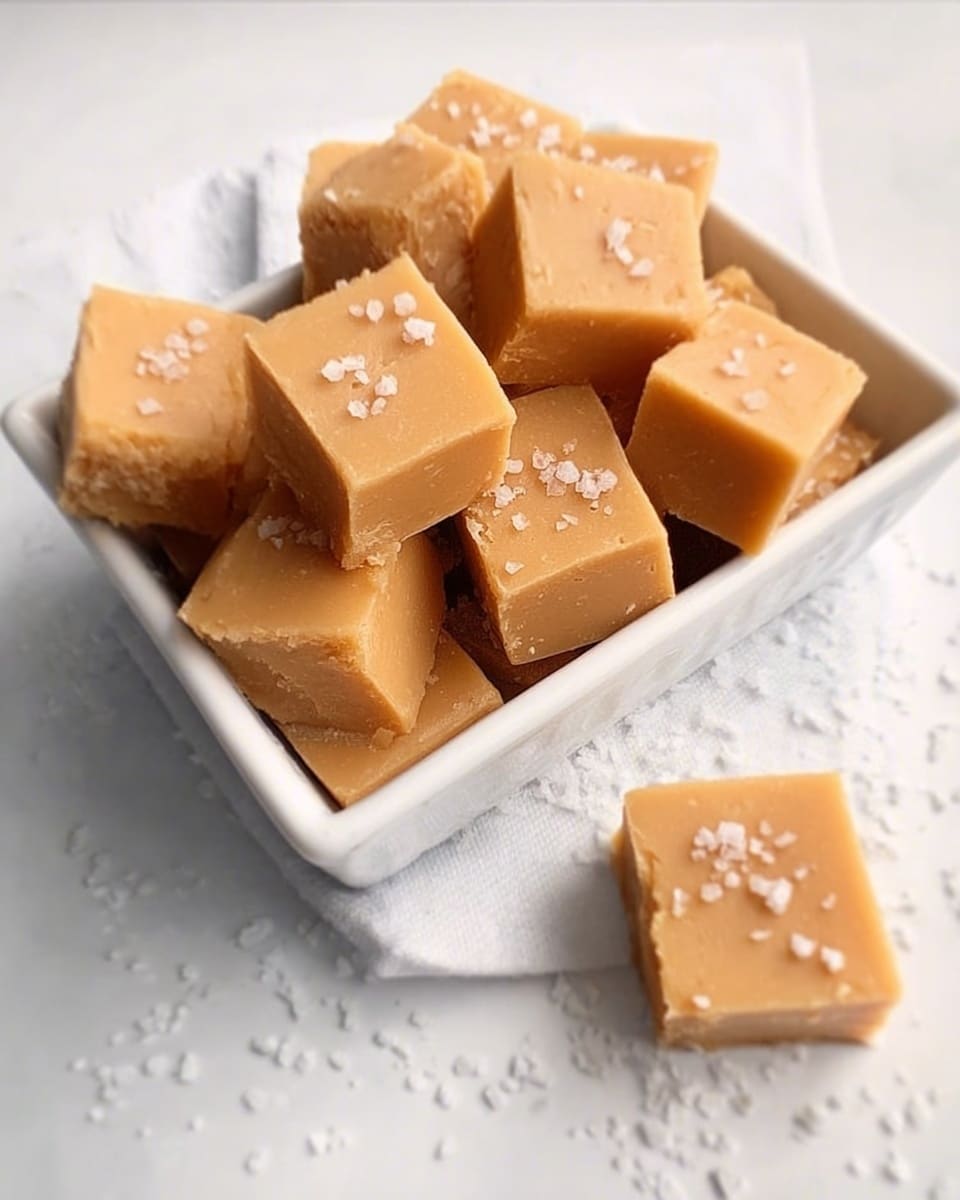 The image shows a white rectangular dish filled with square pieces of light brown fudge topped with small white salt flakes. The fudge squares are stacked neatly inside the dish, and one piece is placed outside the dish on a white marbled surface. The fudge has a smooth texture with sharp edges, creating clean layers of uniform size and color. Photo taken with an iphone --ar 4:5 --v 7