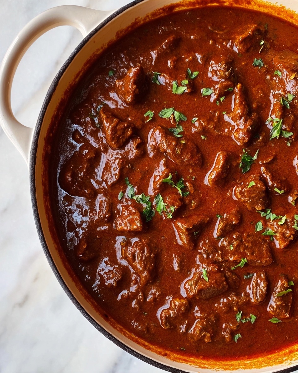 The image shows a close-up view of a white pot filled with rich, dark brown stew with small chunks of meat covered in thick sauce. Bright green small herb leaves are scattered on top, adding a fresh color contrast to the smooth, glossy surface of the stew. The pot has red handles, and the background features a white marbled texture. photo taken with an iphone --ar 4:5 --v 7