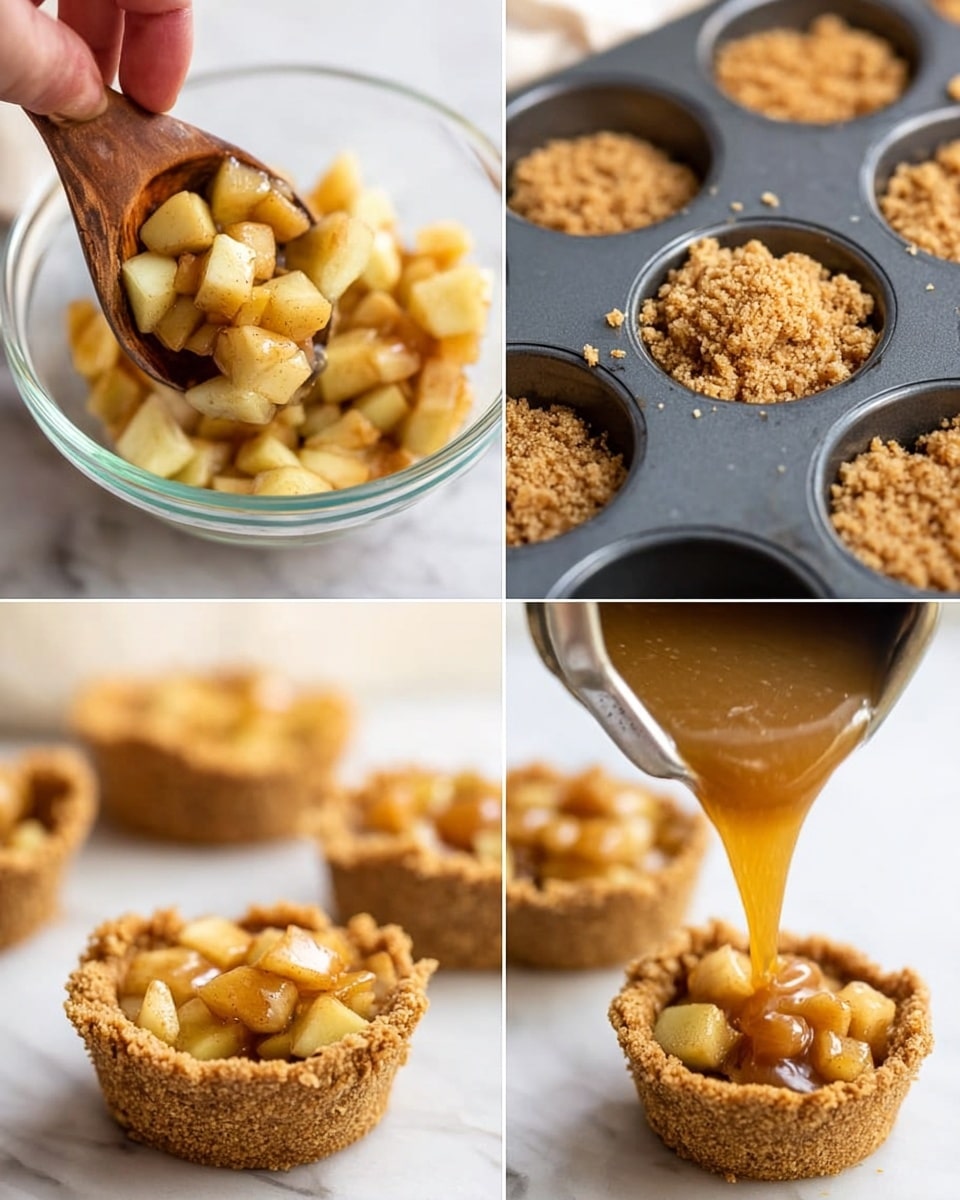 The image shows four steps of making mini apple pies arranged in a grid. The first step is a close-up of a wooden spoon holding small diced apples mixed with cinnamon and sugar inside a clear glass bowl placed on a white marbled surface. The second step shows a woman's hand pressing a crumbly, golden brown crust into round molds of a dark gray baking tray. The third step captures a metal measuring cup spooning the cinnamon apple mixture onto the formed crusts in the baking tray, with the background softly blurred. The fourth step focuses on golden caramel sauce being poured from a small silver ladle onto the filled mini apple crust, the crust showing rough textured edges and the diced apples visible inside, all set on a white marbled surface. photo taken with an iphone --ar 4:5 --v 7