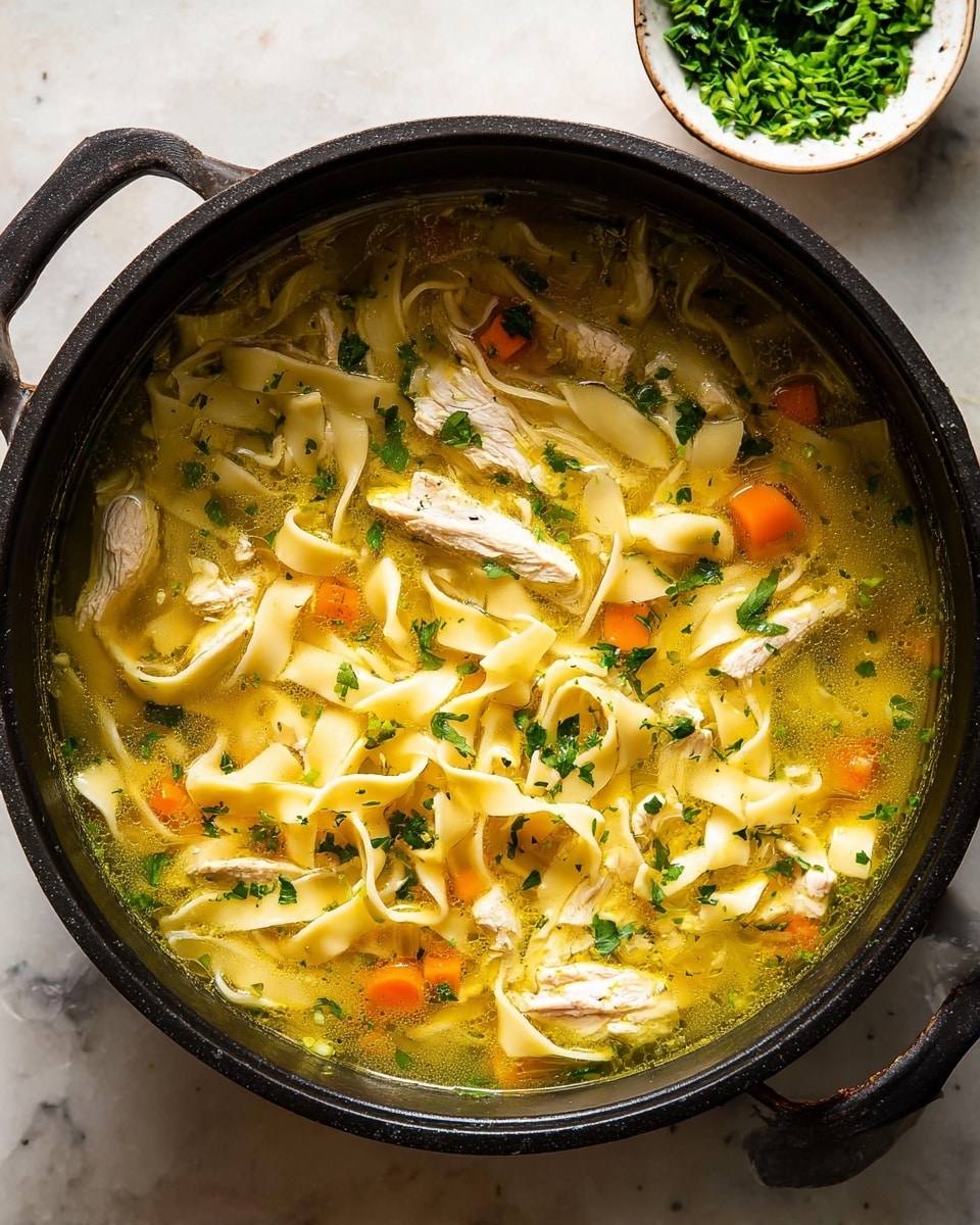 A black pot filled with clear yellow broth containing flat, wide noodle strips that are soft and slightly curled, with small chunks of white chicken meat scattered throughout. Orange carrot cubes and green herb leaves float in the broth, adding pops of color. The broth has tiny green herb flecks spread all over, giving a fresh look. The pot is placed on a white marbled surface, and in the top right corner, there is a white bowl with chopped green herbs. photo taken with an iphone --ar 4:5 --v 7