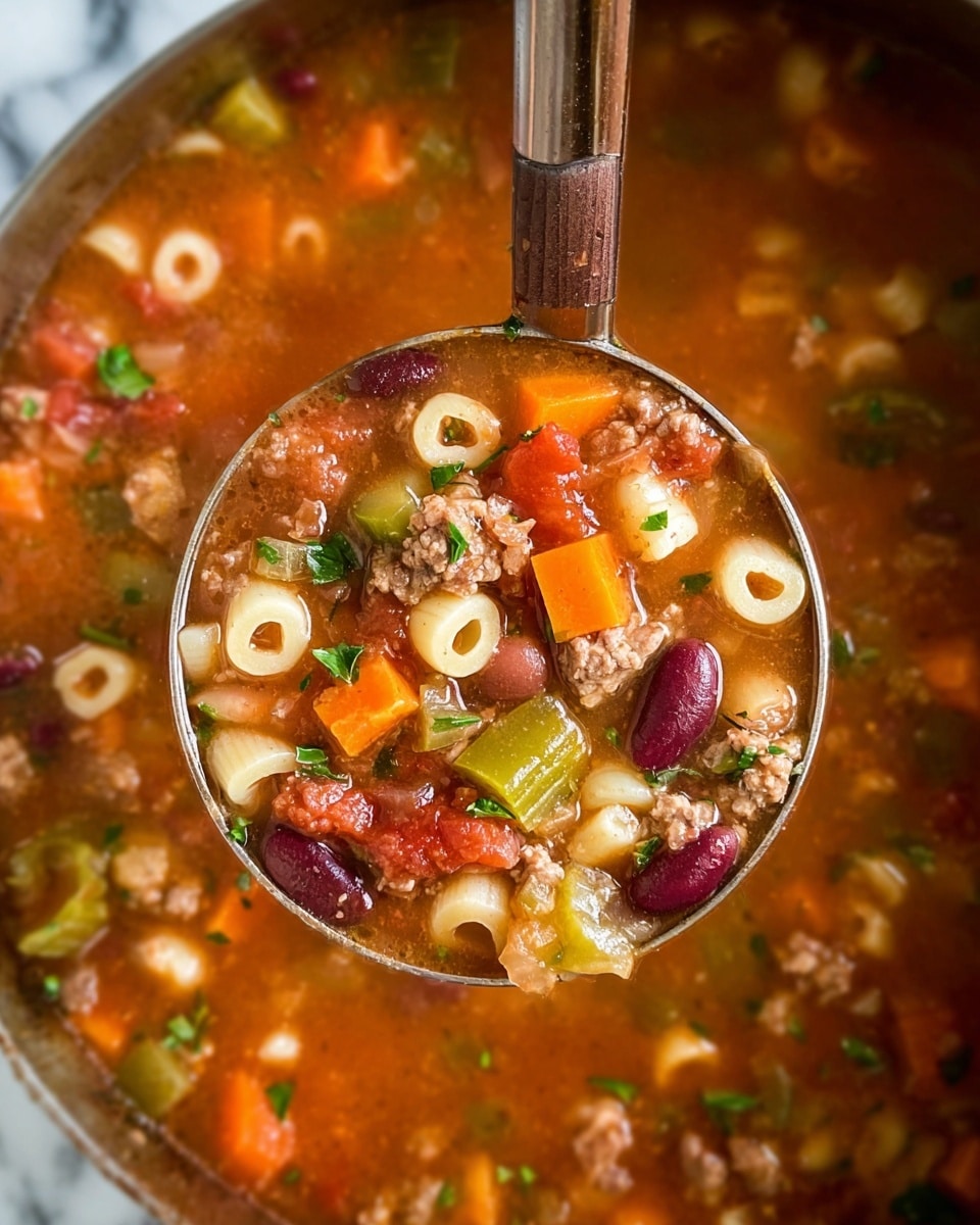 The image shows a close-up of a ladle filled with a colorful soup, hovering above the same soup in a pot. The soup has several visible layers, including orange carrot chunks, pale yellow pasta rings, green celery pieces, red kidney beans, small chunks of ground meat, and some red tomato pieces, all in a rich brownish-red broth. Small green herb pieces are sprinkled throughout for added texture and color. The ladle has a metallic look with a wooden handle, and the background is a white marbled surface. photo taken with an iphone --ar 4:5 --v 7