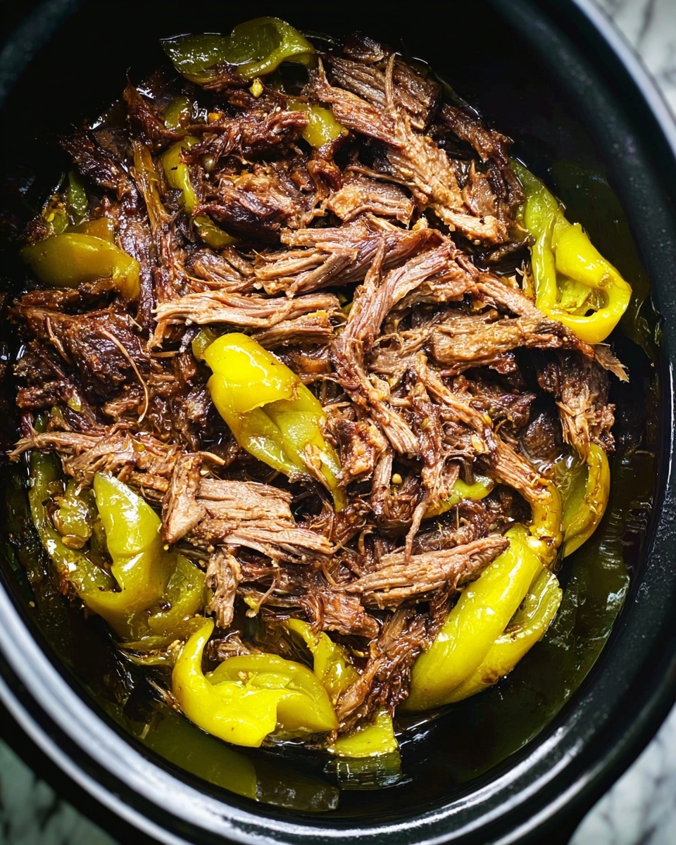 A close-up view of shredded, dark brown meat with juices in a black slow cooker, mixed with whole and sliced yellow-green peppers scattered on top and among the meat. The meat looks tender with visible fibers and light seasoning, while the peppers add a fresh and slightly shiny contrast. The black interior of the slow cooker frames the moist and rich dish. Photo taken with an iphone --ar 4:5 --v 7