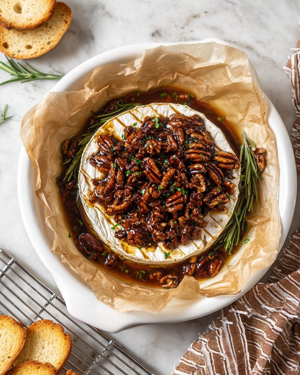 The dish shows a round baked cheese wheel with a white rind, placed on crumpled light beige parchment paper inside a white round baking dish. The top of the cheese is scored with crosshatch lines and covered with a generous layer of dark brown roasted pecans mixed with a shiny glaze. Small pieces of fresh green rosemary are sprinkled over the nuts and around the dish. There's a dark sticky sauce pooled slightly around the base of the cheese on the parchment. To the bottom left, there are three golden toasted bread slices on a metal rack. The background has a white marbled texture and a striped brown cloth is partially visible on the right side. Photo taken with an iphone --ar 4:5 --v 7