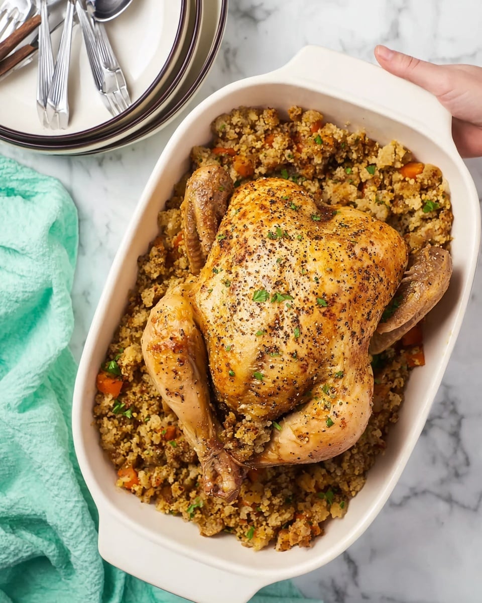 A whole cooked chicken with a golden brown, slightly speckled skin sits centered in a white rectangular baking dish. The chicken is seasoned with black pepper and sprinkled with small green herb pieces. Surrounding the chicken is a thick layer of mixed stuffing that includes visible bits of orange carrot, small green herbs, and soft bread crumbs. The baking dish rests on a white marbled surface, next to a stack of white plates with dark rims, topped with three metal forks. A mint green cloth is folded near the bottom left corner of the dish. Photo taken with an iphone --ar 4:5 --v 7
