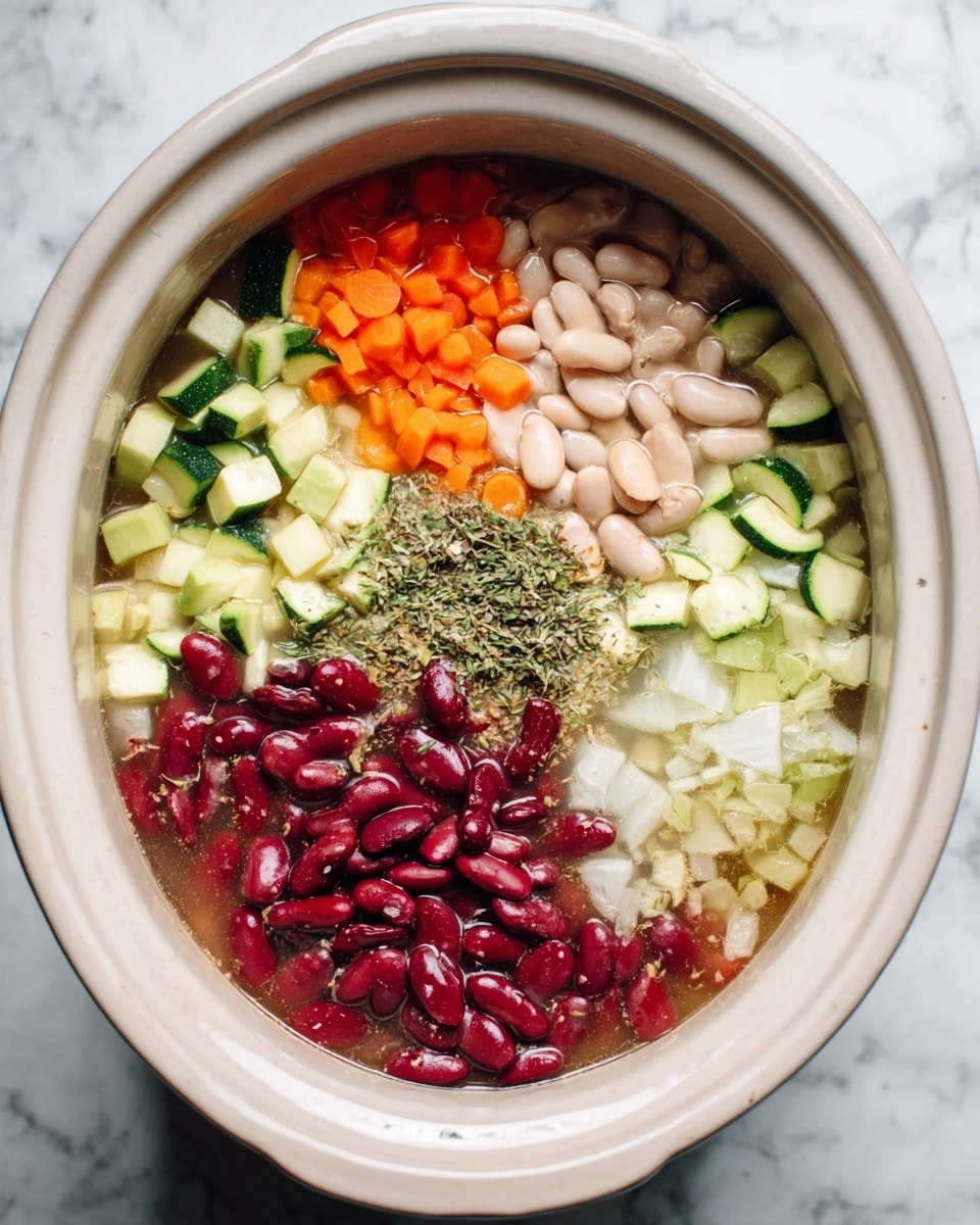 The image shows a white slow cooker filled with separate piles of different ingredients in a clear broth. There are bright red kidney beans on the top right, white beans on the bottom left, chopped orange carrots and celery on the left side, diced white onions near the bottom right, and chopped light green zucchini on the top left. Sprinkled herbs with a greenish-brown color lie in the center. The slow cooker sits on a white marbled surface, and the scene is brightly lit with natural light. Photo taken with an iphone --ar 4:5 --v 7