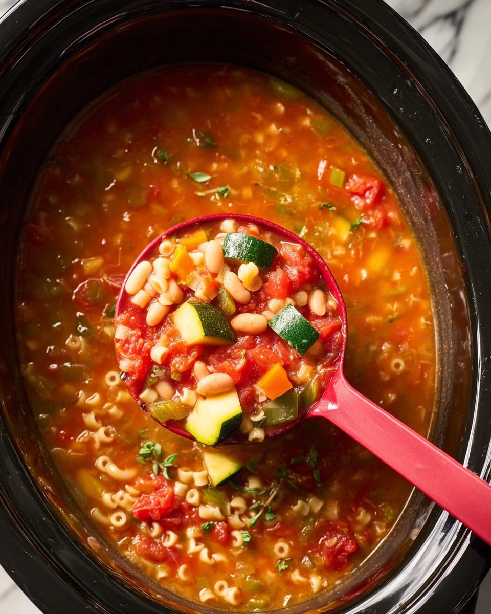 A close-up view of a black slow cooker filled with a colorful vegetable soup. The soup has many layers: small diced red tomatoes, pale white beans, light beige round pasta pieces, small orange carrot cubes, and pieces of green zucchini. The broth is orange and slightly thick with visible bits of herbs. A red spoon lifts a portion, showing the mix of all the ingredients clearly. The background is a white marbled texture. photo taken with an iphone --ar 4:5 --v 7
