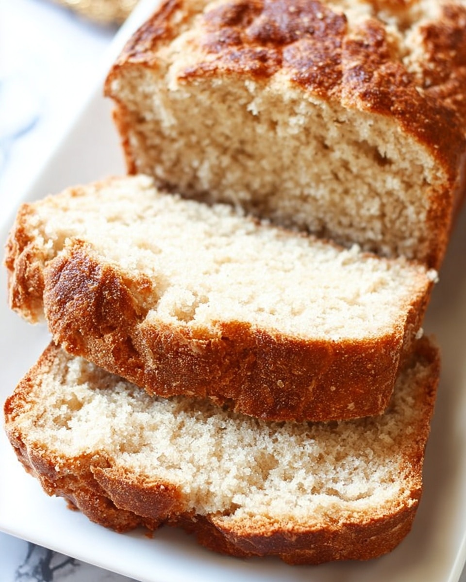 The image shows a close-up view of a sliced loaf of bread on a white plate. The bread has three visible thick slices, with a golden brown crust on the top and edges, and a soft, light beige inside with a slightly crumbly texture. The top crust appears rough and cracked, giving it a homemade and rustic look. The white marbled surface beneath the plate is slightly visible in the background. photo taken with an iphone --ar 4:5 --v 7