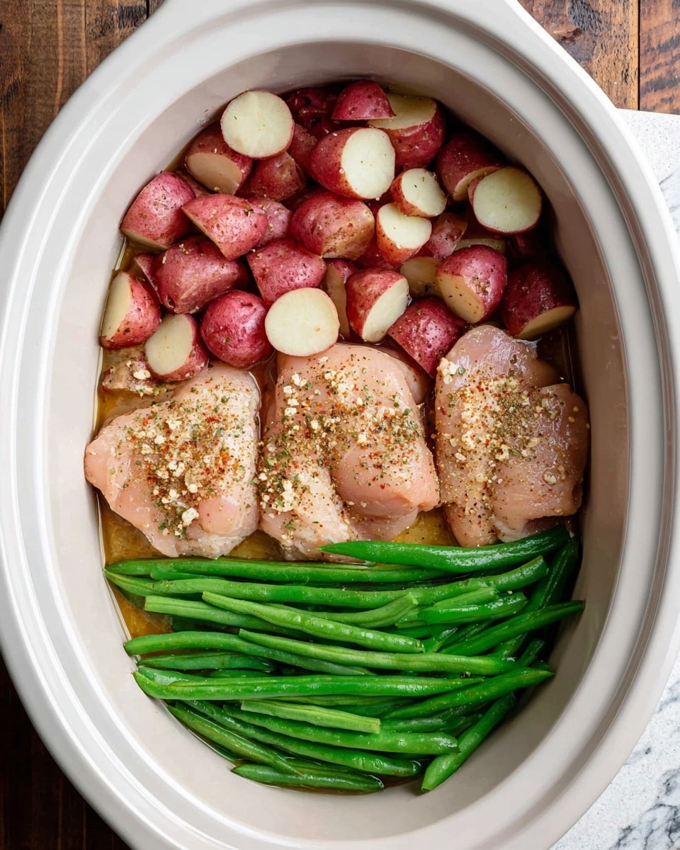 A white oval slow cooker filled with three distinct layers side by side: on the left, chopped small red potatoes with specks of seasoning; in the middle, three raw pink chicken pieces sprinkled with minced garlic and spices; on the right, fresh green beans evenly stacked and lightly seasoned. The slow cooker sits on a wooden surface with a bit of a white marbled texture visible around the edges. photo taken with an iphone --ar 4:5 --v 7