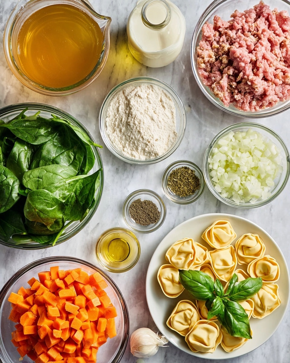 The image shows an overhead view of fresh cooking ingredients placed on a white marbled surface. In the bottom right, a white plate holds two layers of uncooked tortellini pasta topped with a small bunch of bright green basil leaves. Moving left, a glass bowl is filled with fresh, dark green spinach leaves, while a small bowl of white flour is placed nearby. At the top center, a bowl contains pink ground meat, next to a bowl filled with finely chopped white onions. Just below the onions, small glass bowls hold dried oregano, fennel seeds, and light golden oil. To the left of these spices are three garlic cloves, and above them, a bowl piled with small, diced orange carrots. A measuring cup of clear golden broth rests in the top left corner next to a tall bottle of white cream. Photo taken with an iphone --ar 4:5 --v 7