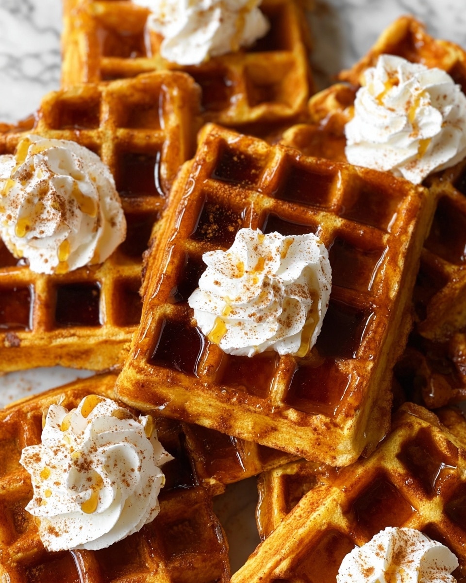 The image shows several square waffles stacked closely together, each waffle having a golden-brown color with a slightly crispy texture. The waffles have deep grid patterns filled with dark amber syrup that glistens under the light. On top of some waffles, there is a swirl of white whipped cream sprinkled with light brown cinnamon powder, with syrup drizzled over it, adding a glossy shine. The waffles have uneven edges and look thick and fluffy inside. The background is a white marbled surface. photo taken with an iphone --ar 4:5 --v 7