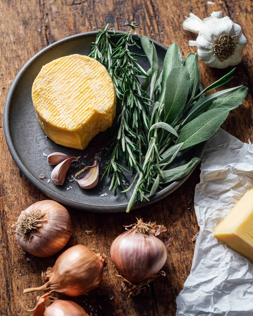 The image shows a dark grey round plate on a wooden surface holding a wedge of yellow cheese with a textured rind, along with fresh green herbs including rosemary and sage leaves arranged beside it. Around the plate on the surface are several small brown onions with dry skins, a head of garlic partially broken into cloves, and a piece of yellow cheese partially wrapped in white paper. The surface is wooden but should be visualized as a white marbled texture. Photo taken with an iphone --ar 4:5 --v 7