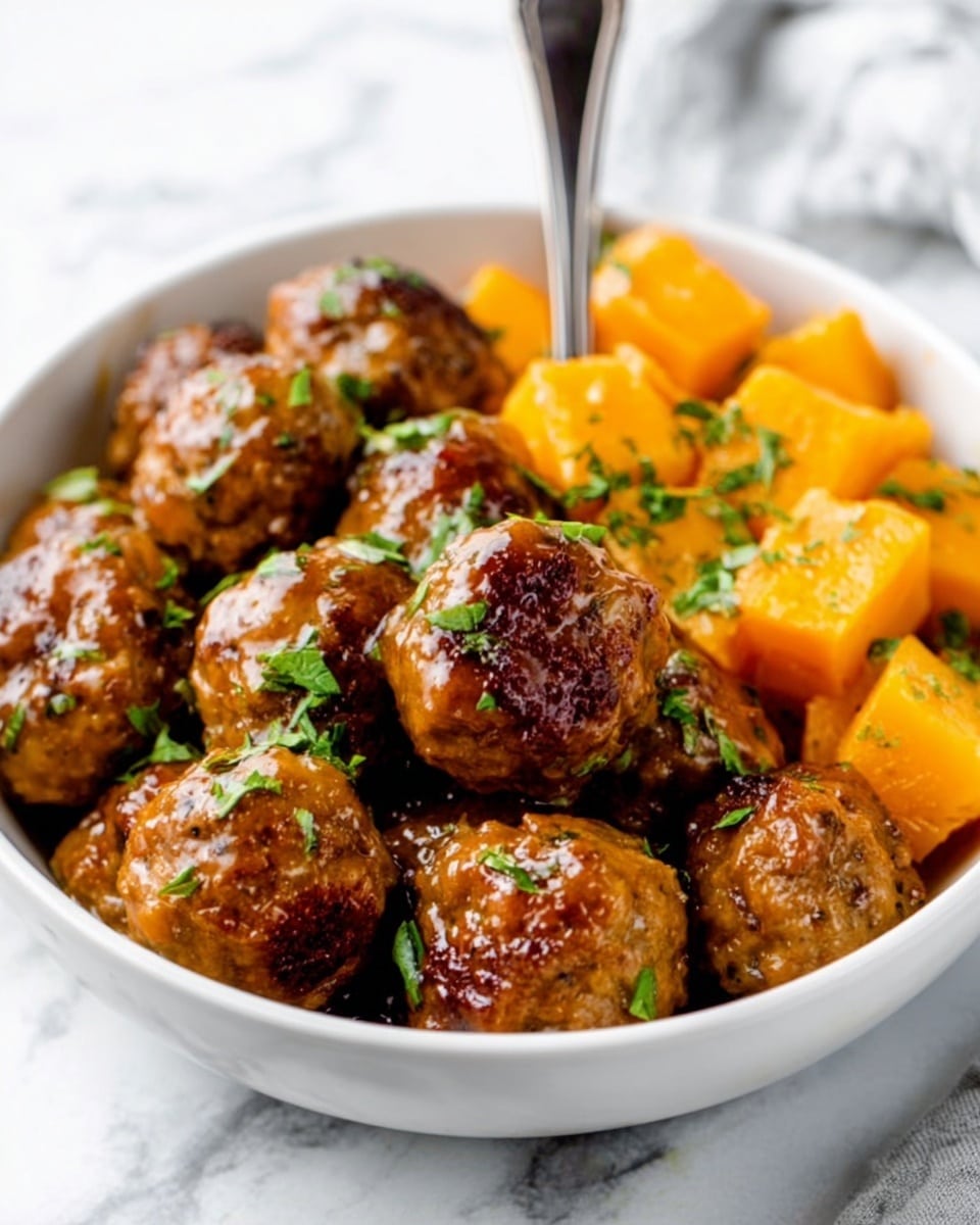 The image shows a white bowl filled with several brown meatballs arranged around bright orange chunks of cooked sweet potatoes that are placed in the center. The meatballs have a shiny, slightly glazed look, and the sweet potatoes appear soft and moist. Small green herb pieces are sprinkled on top, adding a fresh touch. A silver spoon is standing upright inside the bowl, and the background is a white marbled surface. photo taken with an iphone --ar 4:5 --v 7