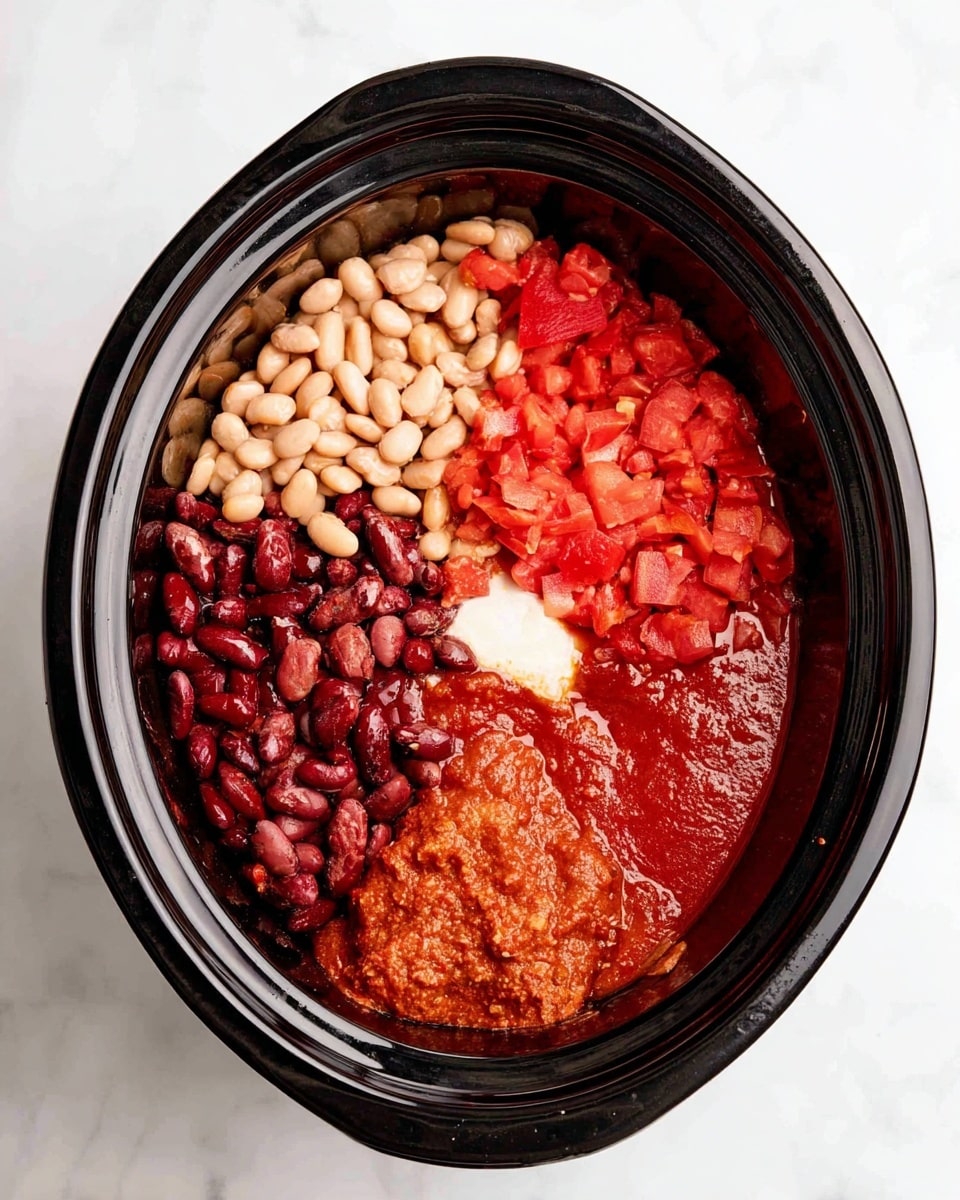 In a black slow cooker bowl, there are five layers of ingredients. On the left side, there is a mix of white, light brown, and dark red beans with a smooth texture. On the top right, there is a bright red layer of diced tomatoes with a slightly juicy texture. Below the diced tomatoes, there is a thick, smooth layer of red sauce covering the bottom right half of the bowl. On top of the sauce, slightly off center, there is a small white dollop that stands out against the red. Near the bottom left edge of the sauce, there is a thicker, darker red paste with a coarse texture. The whole slow cooker sits on a white marbled surface. photo taken with an iphone --ar 4:5 --v 7