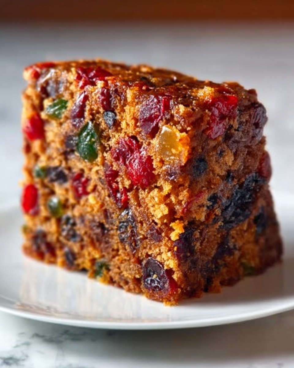 A thick slice of dense fruit cake with many colorful pieces of dried fruit inside, including red, green, and dark spots, showing a moist and slightly crumbly texture, standing upright on a white plate placed on a white marbled surface photo taken with an iphone --ar 4:5 --v 7