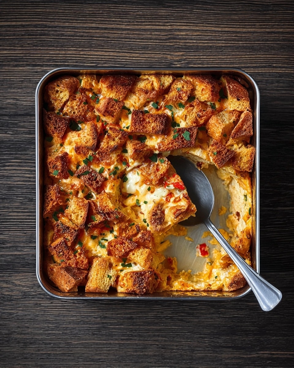 The image shows a square metal pan with baked casserole inside, mostly covered with golden brown toasted bread cubes on top. The casserole has a creamy, slightly browned layer just beneath the bread, with bits of melted cheese and small red spots of sauce peeking through. A square piece has been taken out from one corner, and a silver spoon is lifting a square portion garnished lightly with green herbs. The pan is placed on a dark wooden surface with clear texture showing through its grain. Photo taken with an iphone --ar 4:5 --v 7